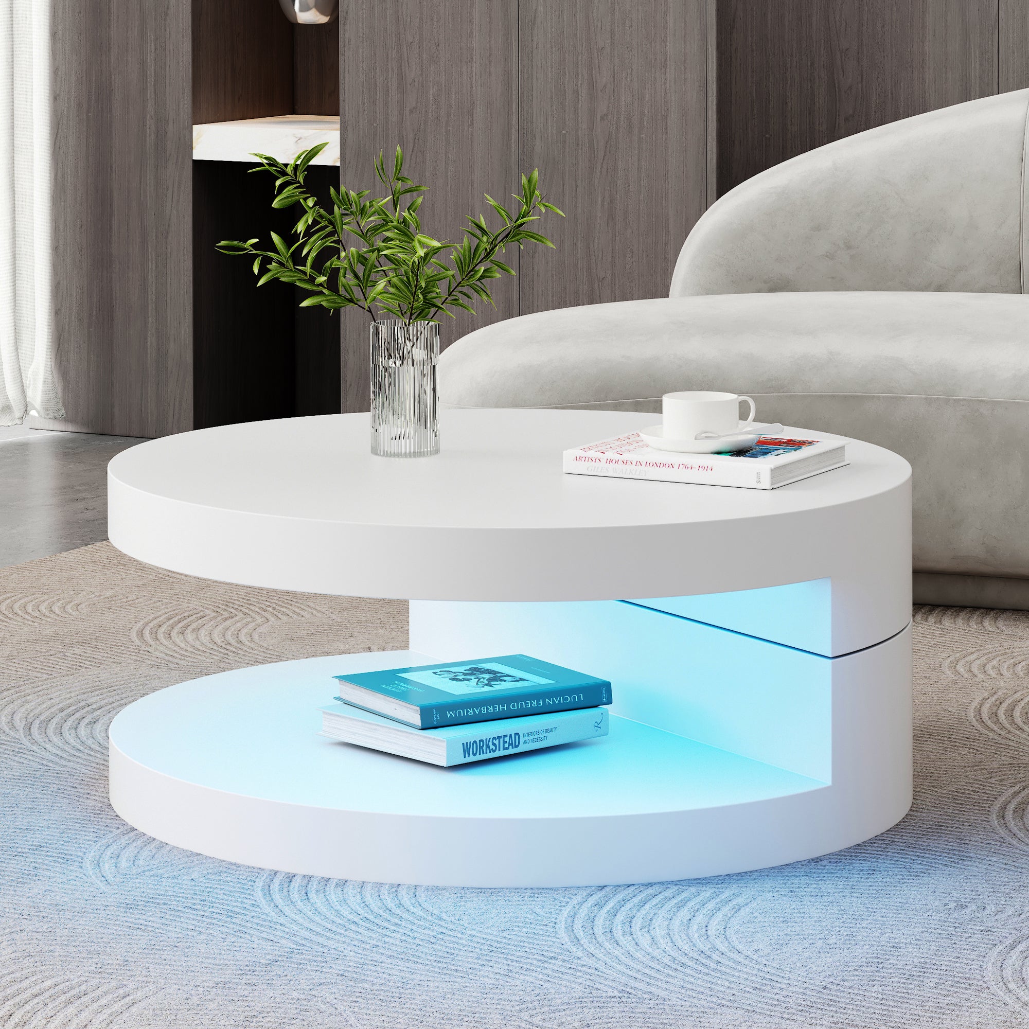 Ronde Draaibare Salontafel met LED-verlichting, 360° Draaibaar Tafelblad, Dubbele Laag, 70x70x35,5cm, MDF, Wit