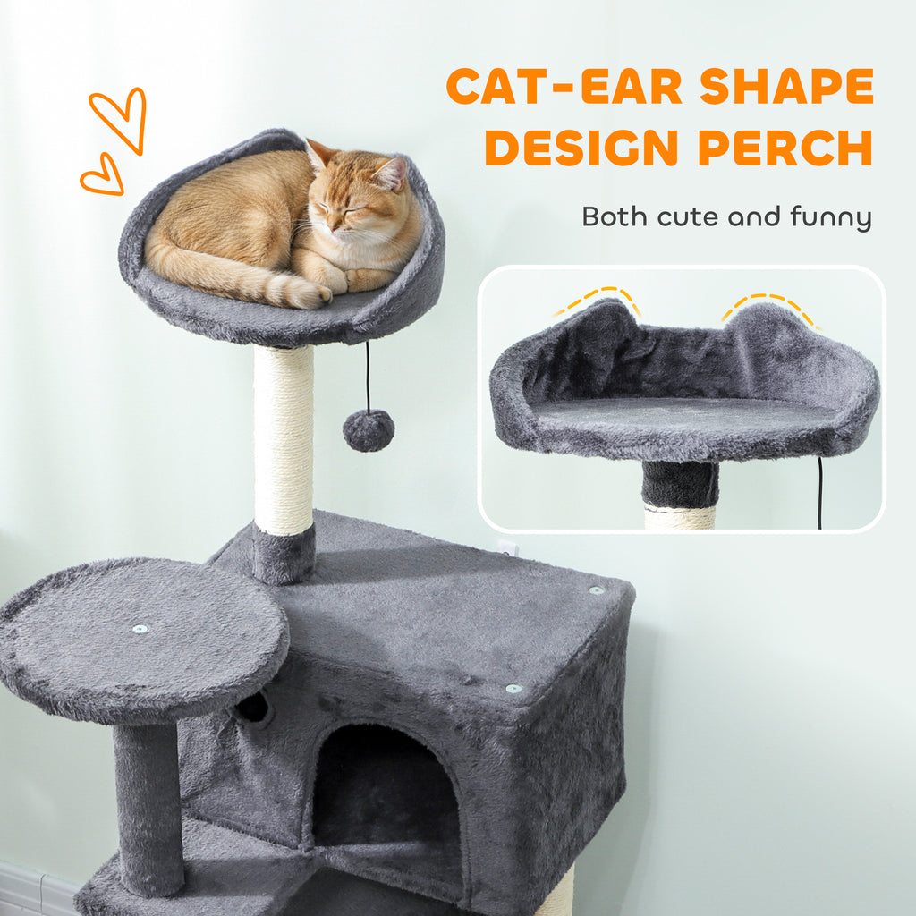 PawHut 140cm Large Cat Tree Tower With Sisal Scratching Posts, Cat Houses, Plush Perches, Hammock, Ladder, Dark Grey - Noventis Home