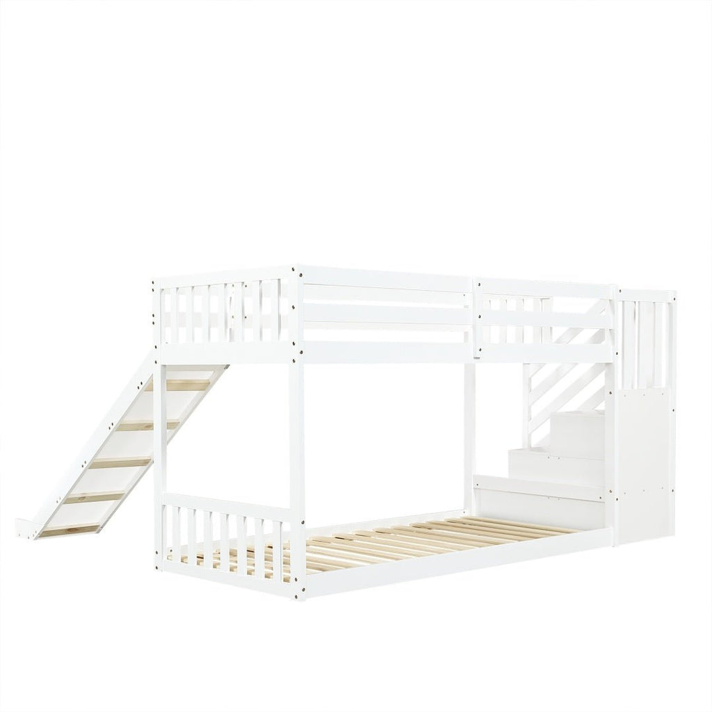 Bunk Bed With Stairs And Slide, Solid Pine Wood Frame, Children Bed, Storage Stairs, 90x190cm, White - Noventis Home