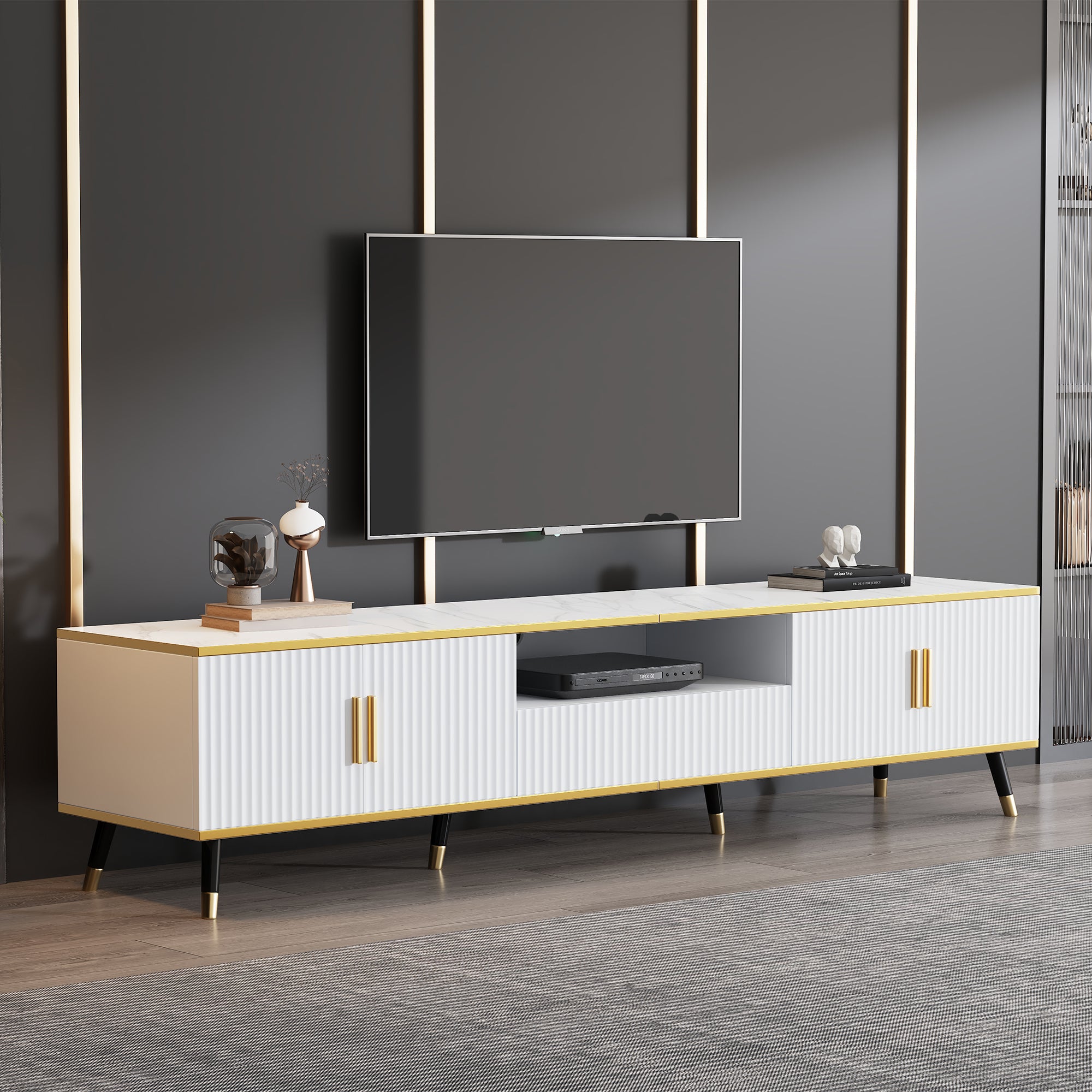 Modern TV Stand, 4doors & 1drawers, TV Cabinet Storage Sideboard With Marble Texture, TV Entertainment Center For Livingroom Bedroom, 200x40x46cm, White, Maximum For 90 Inch TV - Noventis Home