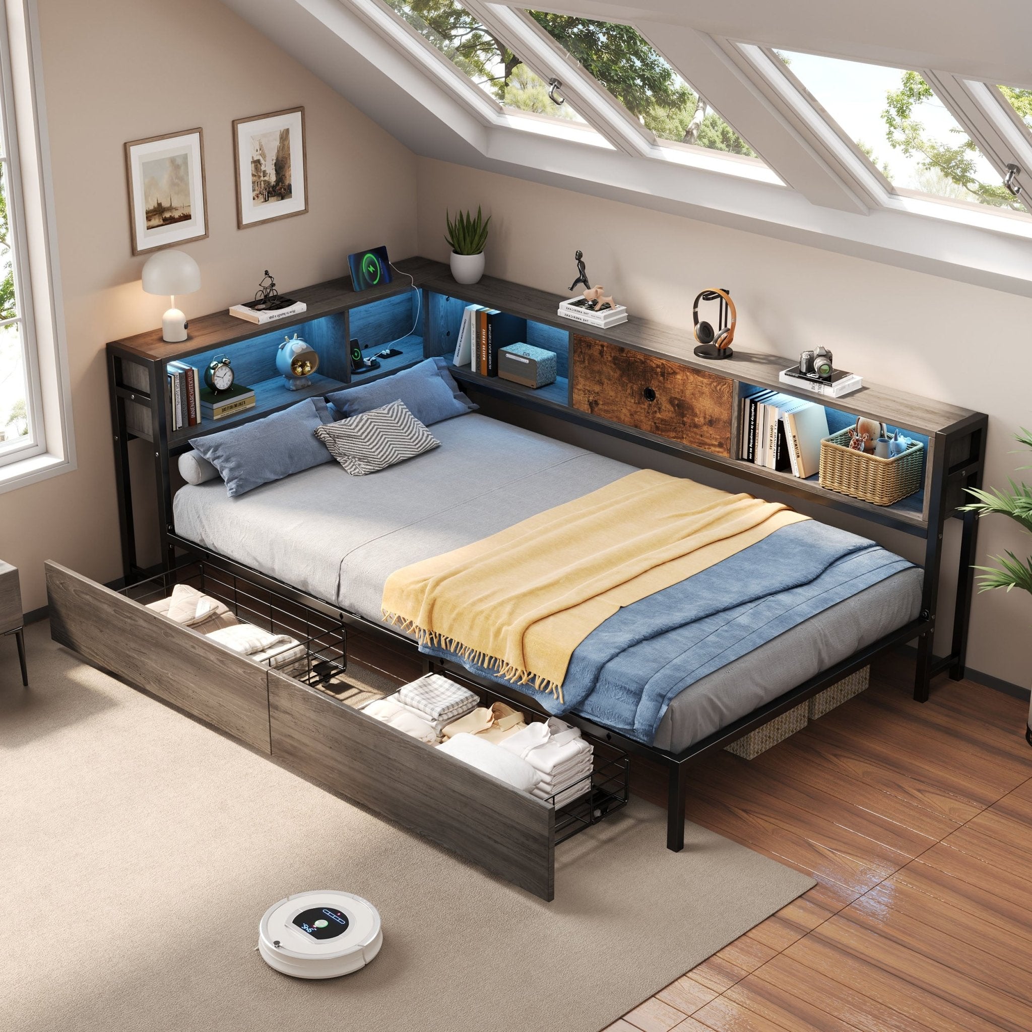 3ft Single Metal And Wood Bed With RGB LED Lights & Charging Station USB & Type - C, Built - in Shelves And Bedside Storage, Two Storage Drawers, Two Assembly Methods, Grey, Rustic Brown No Mattress - Noventis Home