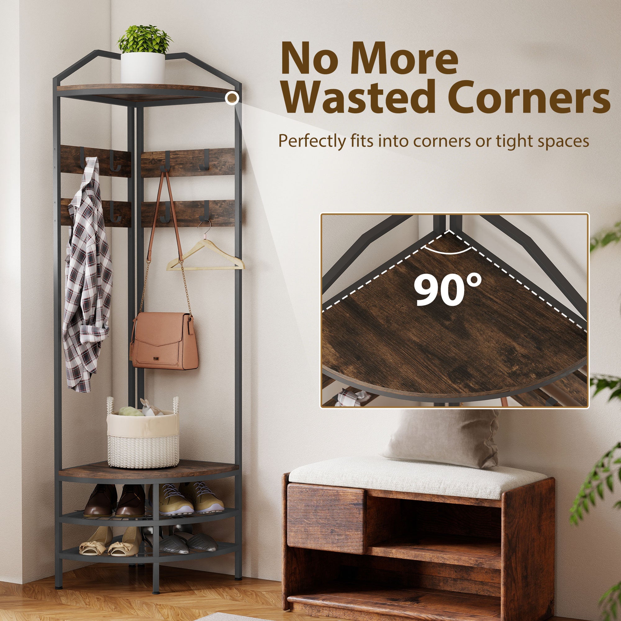 Corner Hall Tree, Industrial 4 - Tier Coat Rack with Shoe Storage, 8 Movable Hooks and 2 Shelves for Hallway, Rustic Brown - Noventis Home