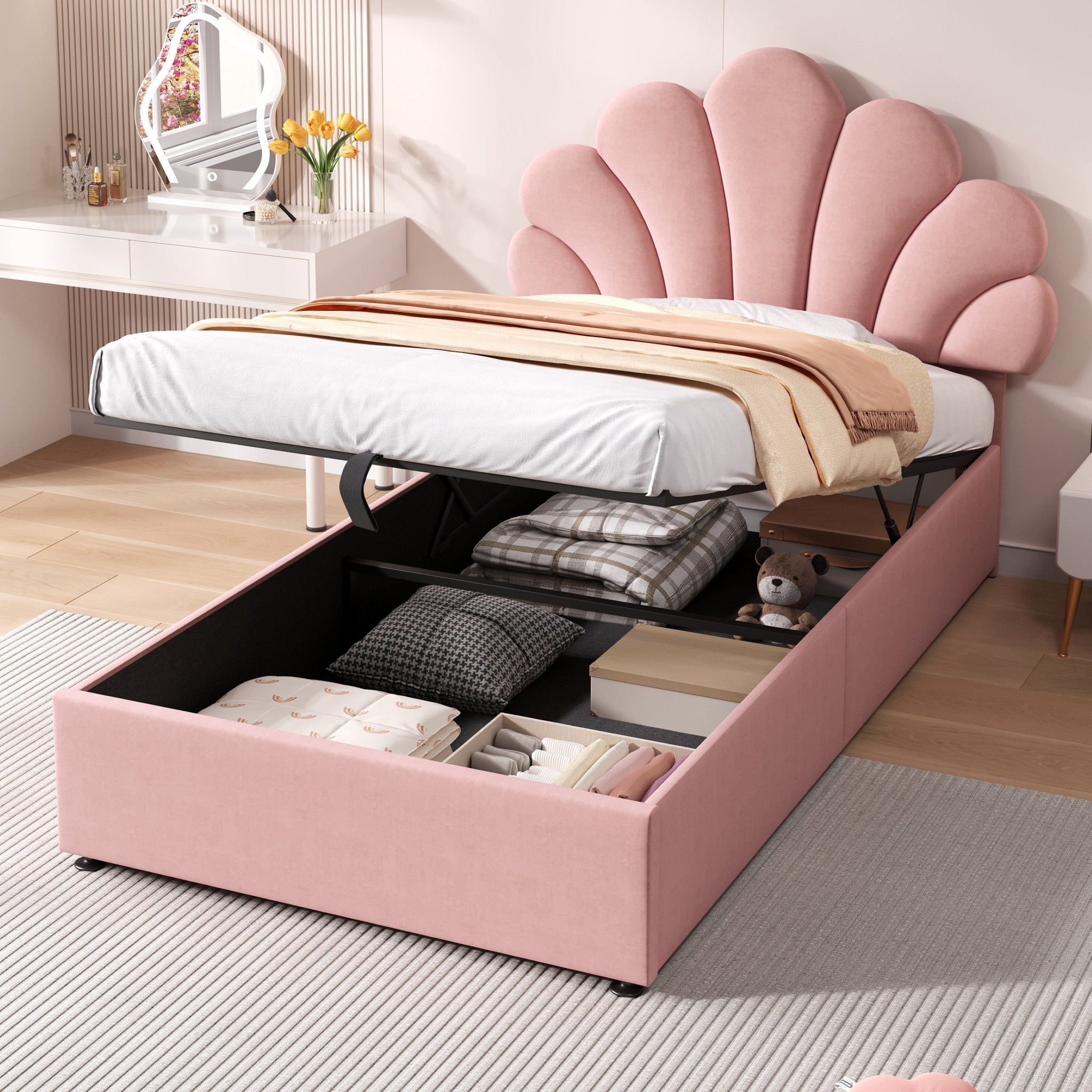 Eenpersoons Gestoffeerd Hydraulisch Bed met Verstelbaar Bloemblaadjes Hoofdeinde, Fluweel, 90x190cm, Zonder Matras - Noventis Home