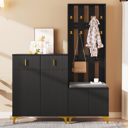Wardrobe Set With Shoe Bench And Cushion, Wardrobe Front With Hooks, Shoe Cabinet With Drawers And Doors - Noventis Home