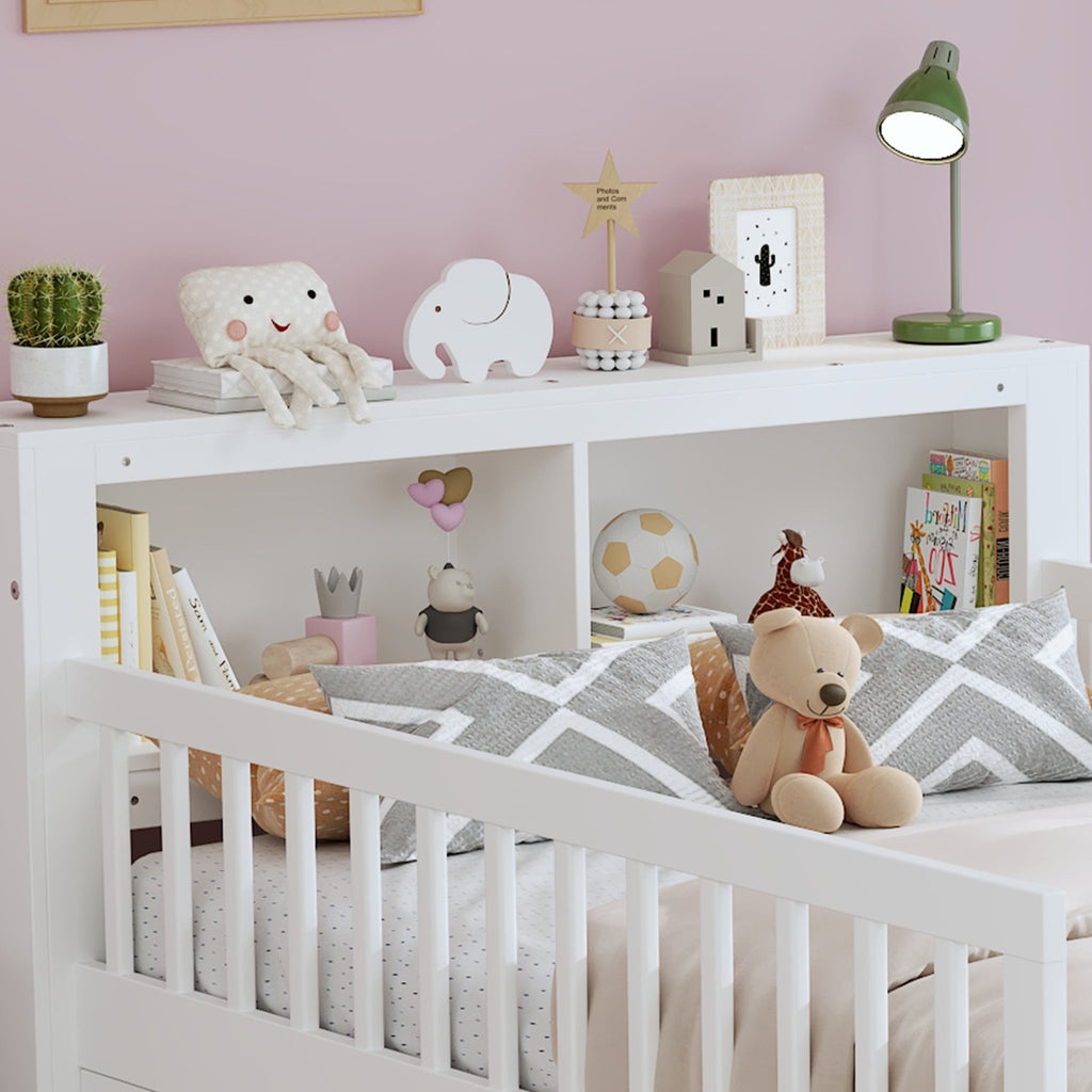 Twin Size Bed With Headboard Storage Rack, Two Under - Bed Drawers, Three - Side Guardrails For Safety And Security,White - Noventis Home