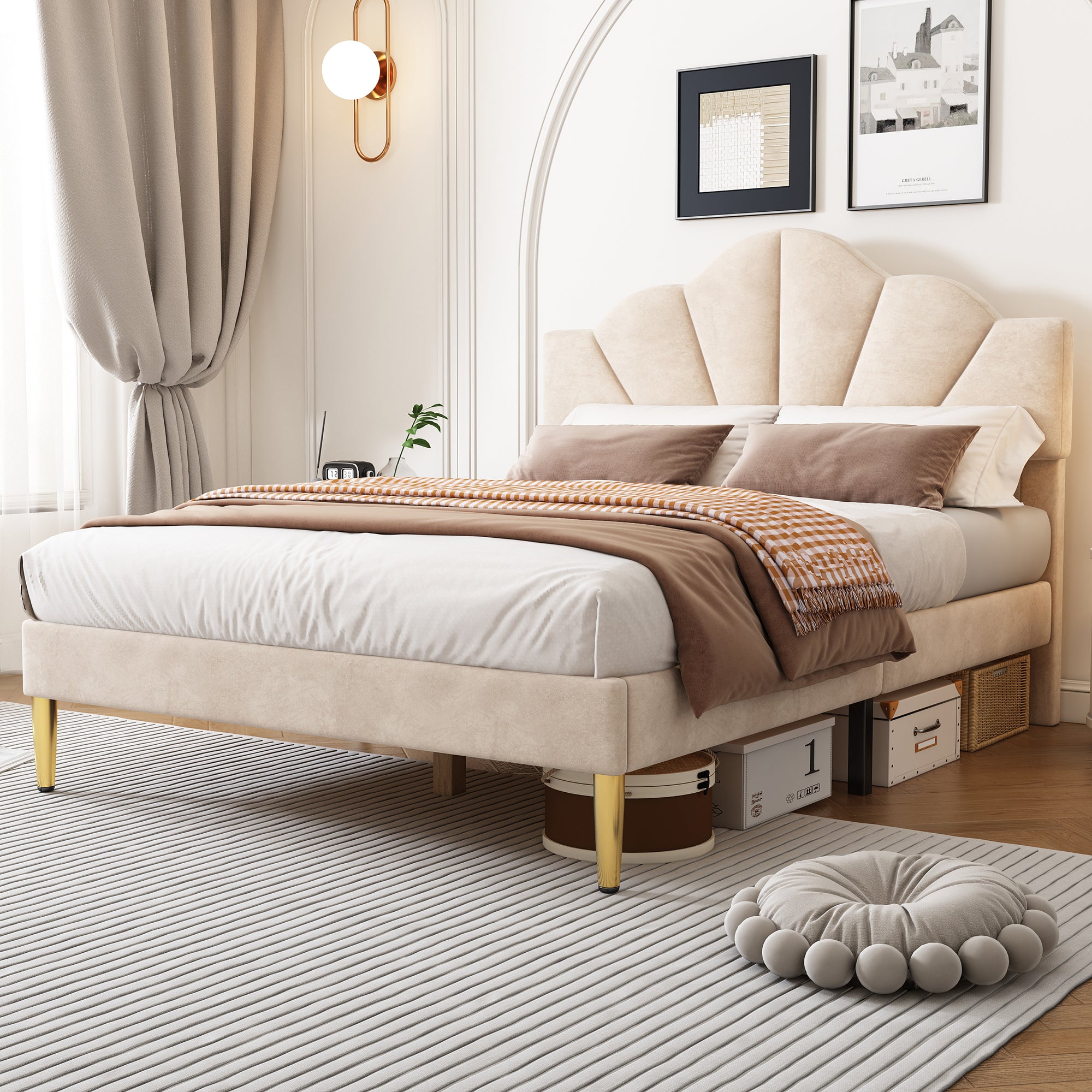 Velvet Upholstered Bed,Double Bed - 4ft6 135x190cm, Shell - like Bed With Golden Iron Legs, Height - adjustable Headboard, Wooden Slatted Frame, Beige - Noventis Home