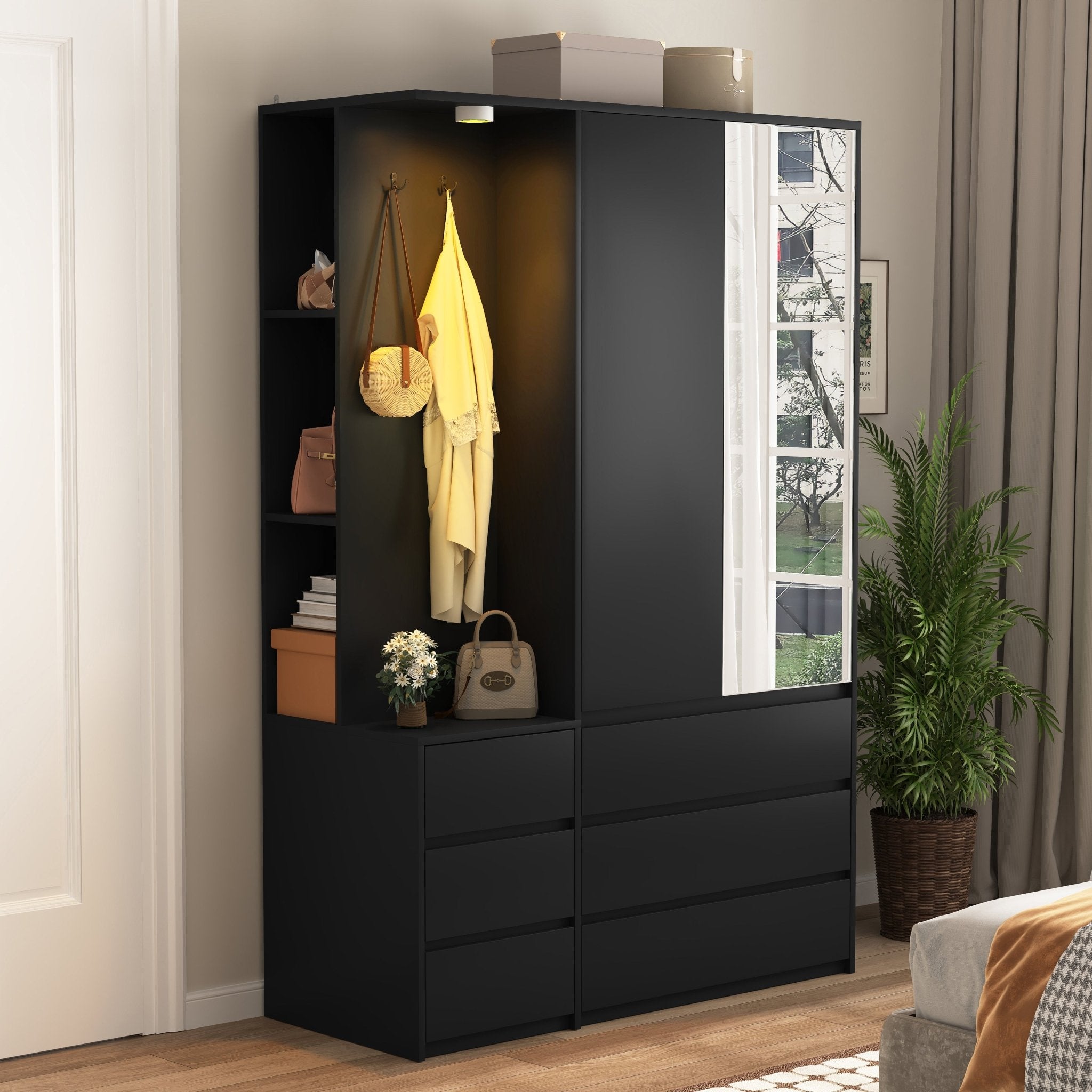 Kledingkast 182cm Hoog, 2 Deuren, 6 Lades, Opbergplanken en Kledingstang, Zwart - Noventis Home