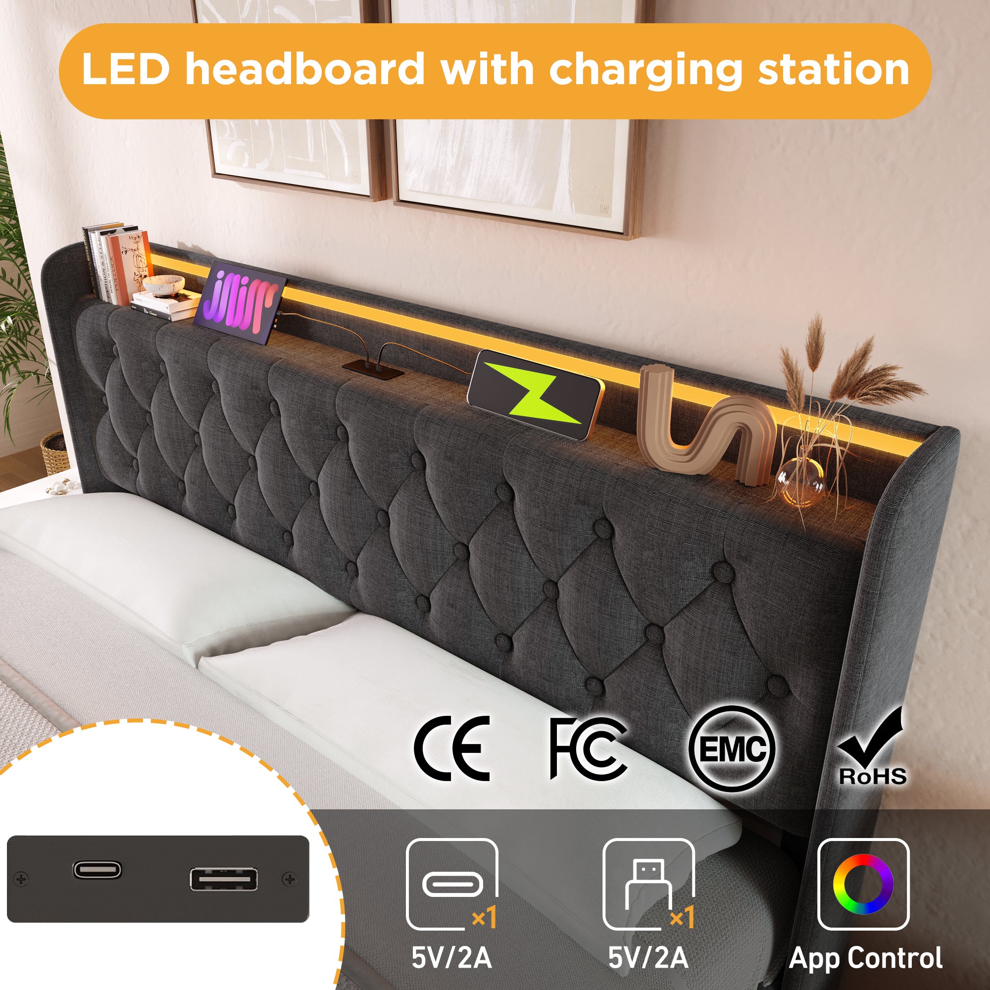 Upholstered Double Ottoman Bed With 360 Surround Led Function,Hydraulic Storage Bed Frame With Large Storage Space, 4ft6 Double Bed Frame With Charging Function,135 X190 ,Linen, Grey No Mattress - Noventis Home