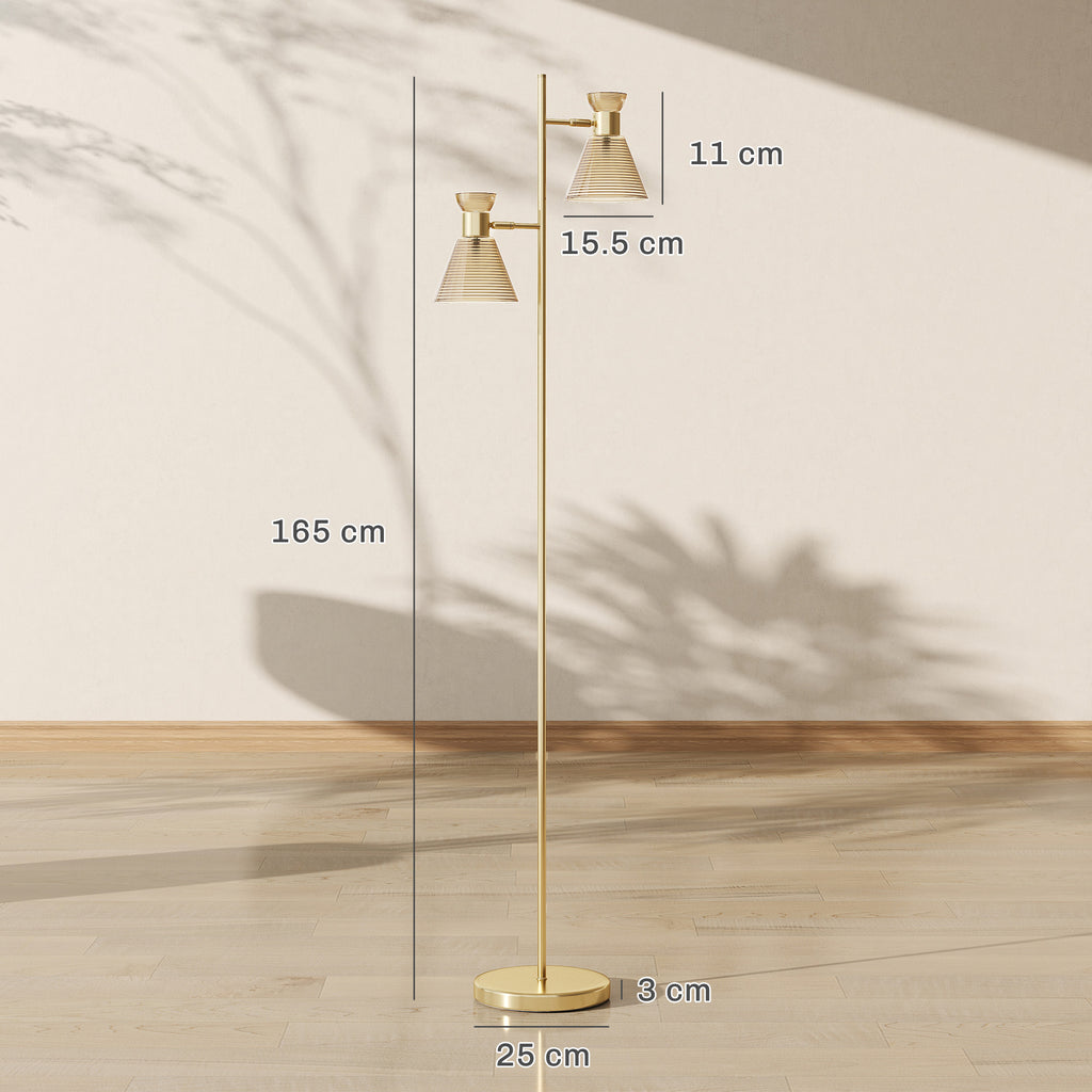 Floor Lamp With Adjustable Dual Head, Modern Standing Lamp With Floral Glass Shades And Foot Switch For Living Room Bedroom, E27 Socket, Bulb Not Included, Gold Tone - Noventis Home