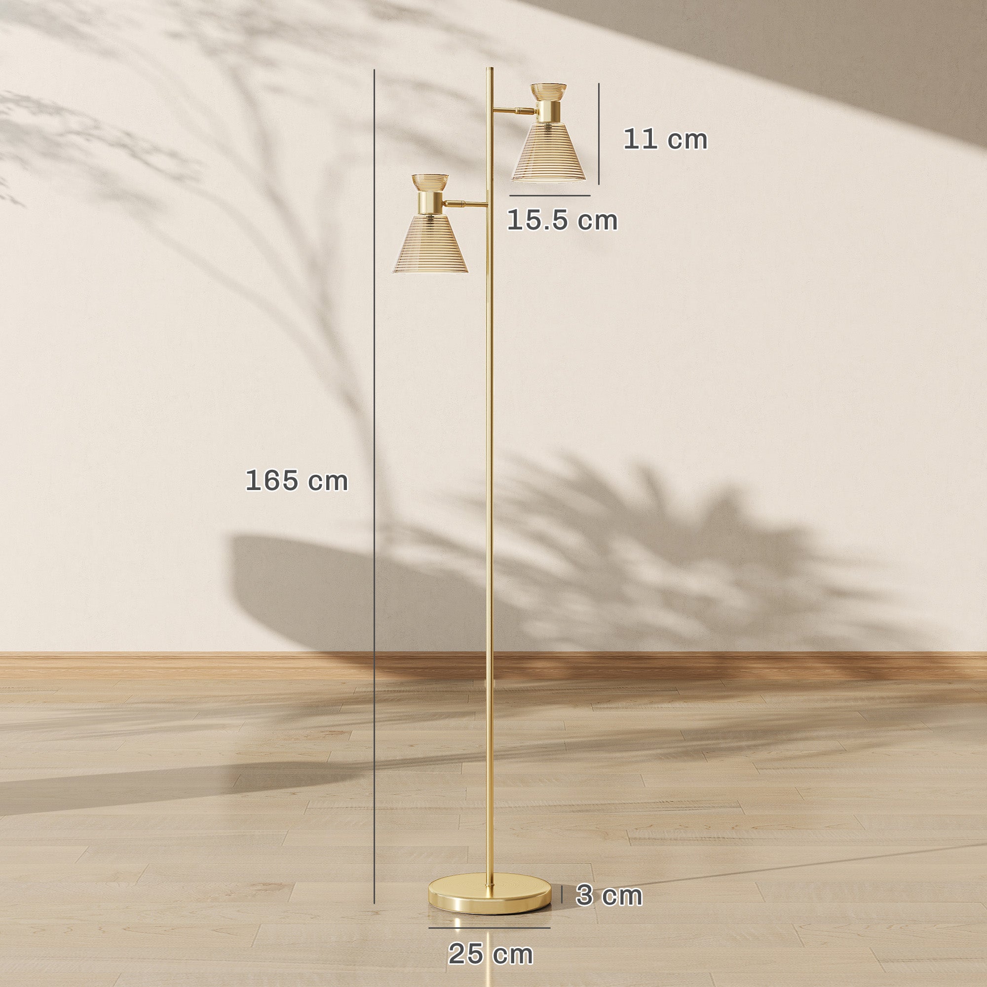 Floor Lamp With Adjustable Dual Head, Modern Standing Lamp With Floral Glass Shades And Foot Switch For Living Room Bedroom, E27 Socket, Bulb Not Included, Gold Tone - Noventis Home