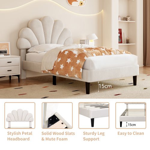 3ft Single Upholstered Velvet Bed Frame, With Adjustable Chic Petal Headboard, Velvet Platform Bed Frame With Solid Wood Slat, No Box Spring Needed, Easy Assembly, Beige - Noventis Home