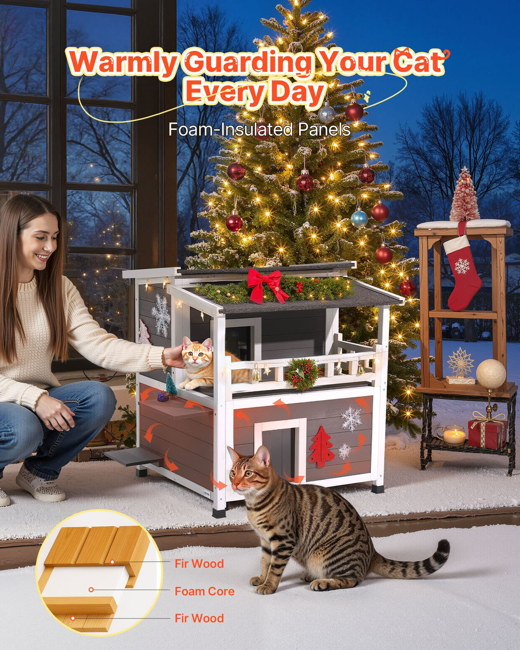 Insulated Cat House, 2 - Story Wooden Cat Shelter, Foam Insulation, Feral Kitty Shelter With Balcony, Waterproof Cats Condos For Indoor & Outdoor 1 - 3 Cats In Winter 33 X 29.5 X 32 In - Noventis Home