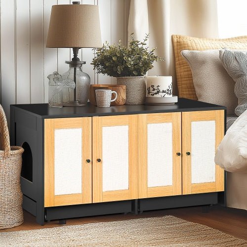 Double Litter Box Enclosure,Cat Litter Box Enclosure For 2 Cats, Hidden Litter Box Furniture With Rattan Doors, 47 L X 19.8 W X 21.8 H,Black - Noventis Home