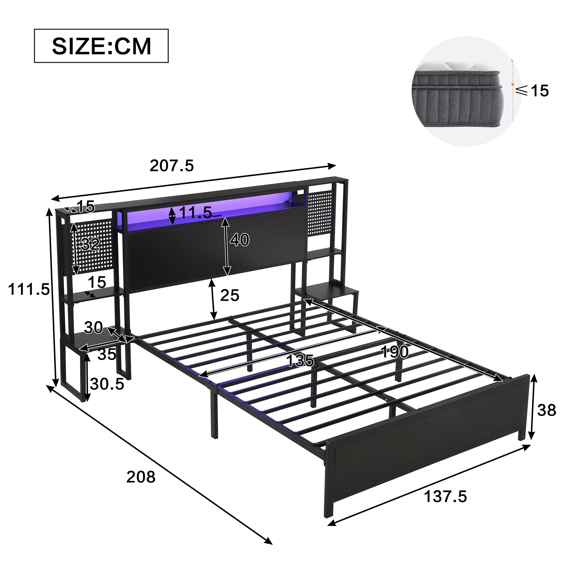 Metal Bed, Iron Bed, 4ft6 Double Bed 135x190cm, With Multi - color LED Strip Lights And Charging Port 2 A - type And 1 C - type, One - piece Bedside Table, Black - Noventis Home