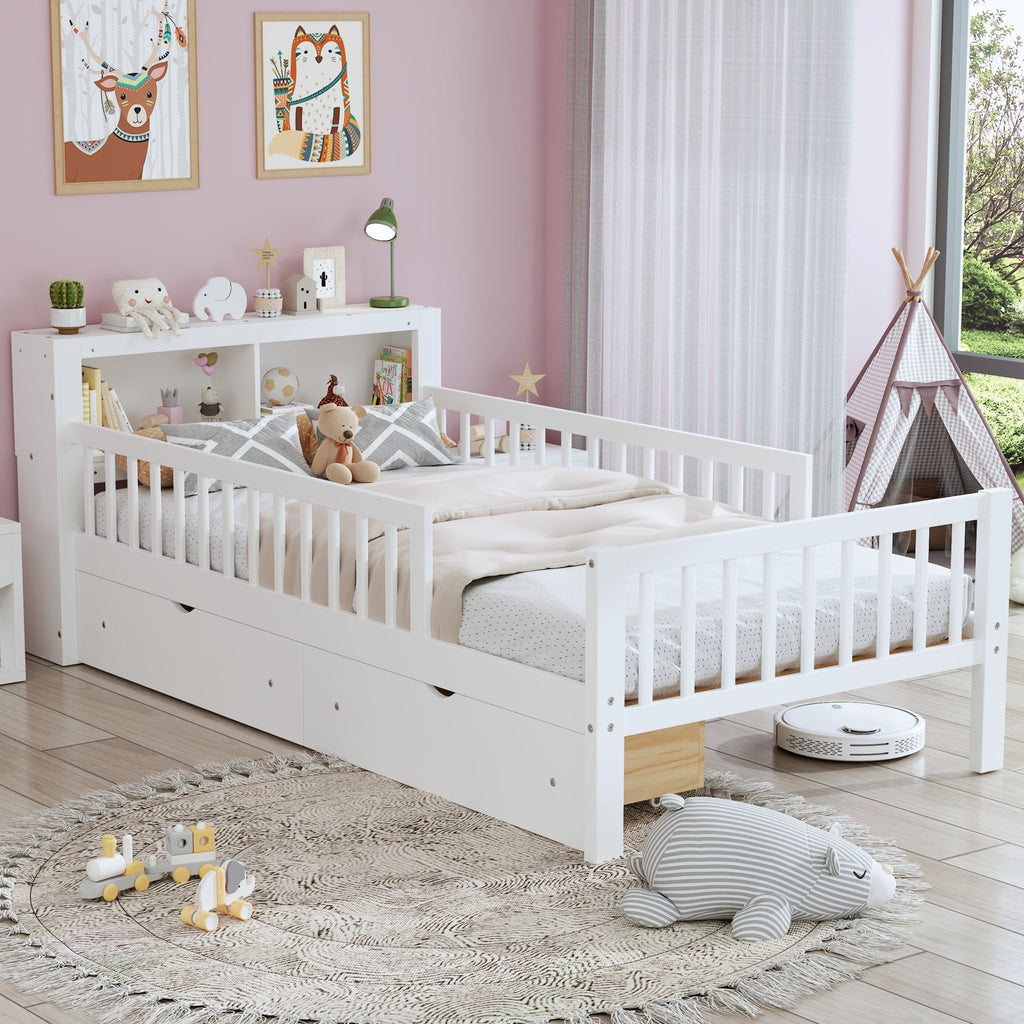 Twin Size Bed With Headboard Storage Rack, Two Under - Bed Drawers, Three - Side Guardrails For Safety And Security,White - Noventis Home