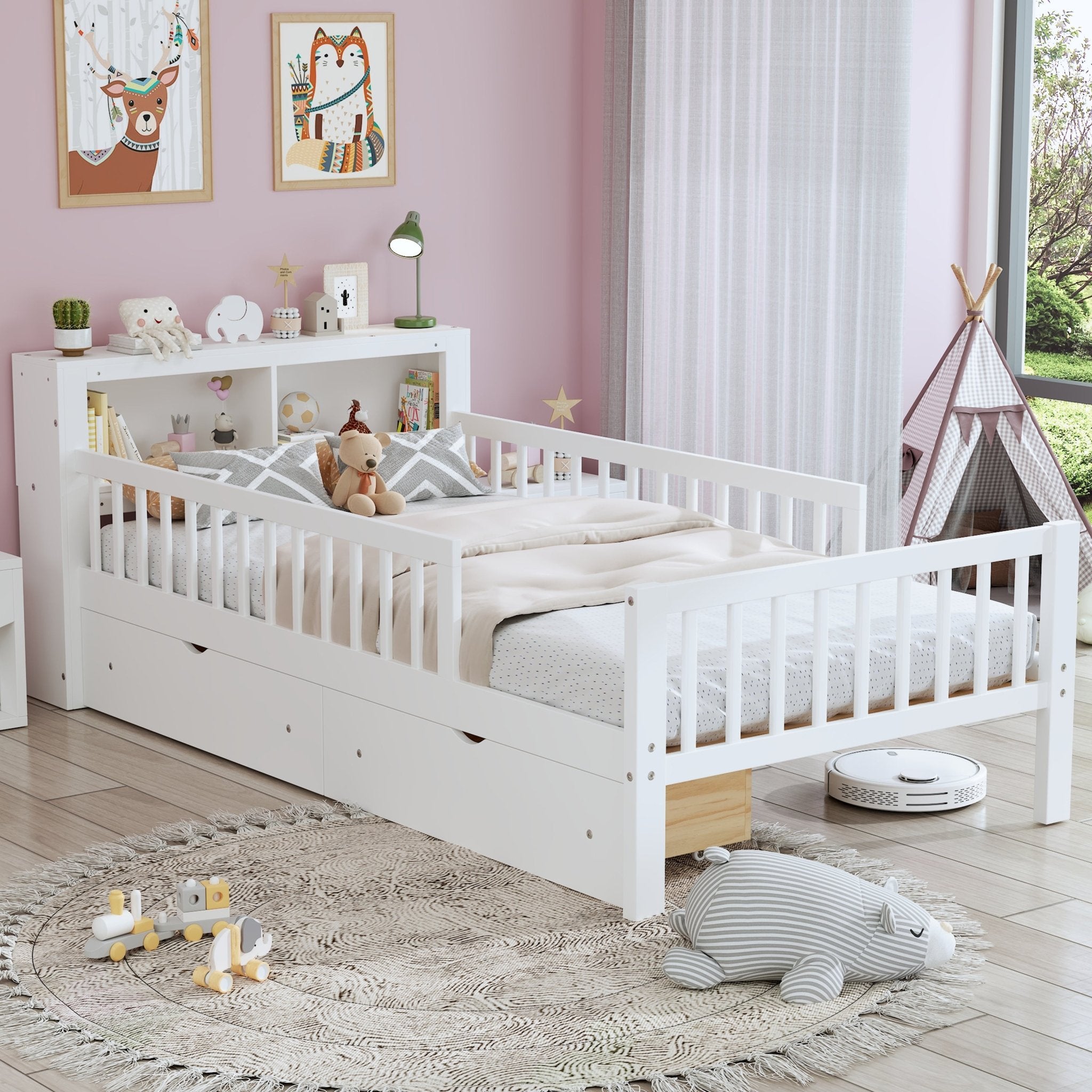 Twin Size Bed With Headboard Storage Rack, Two Under - Bed Drawers, Three - Side Guardrails For Safety And Security,White - Noventis Home