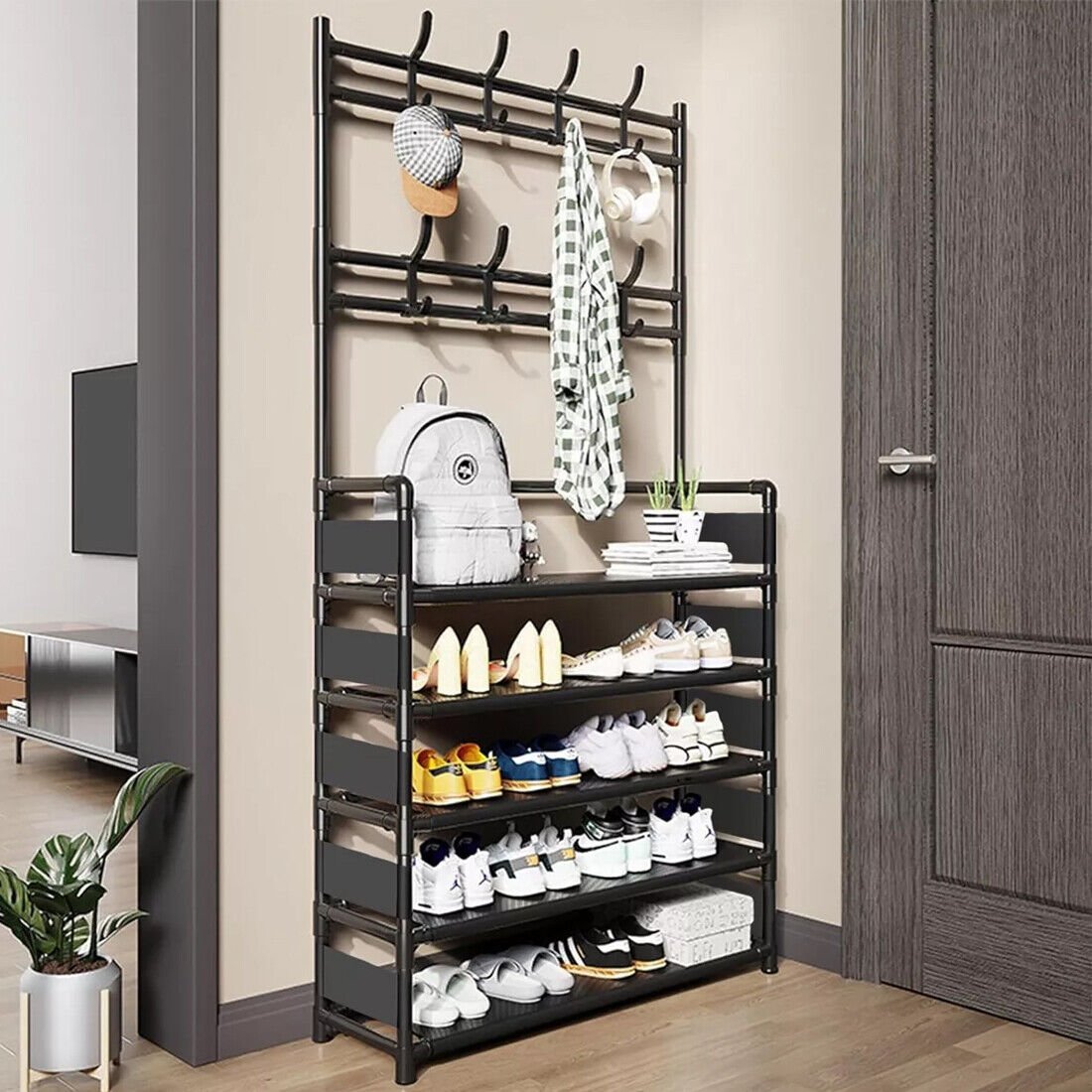 New Coat And Hat Stand 8 Hooks Metal Shoe Rack 5 Tiers Shelf Hanger Black UK - Noventis Home