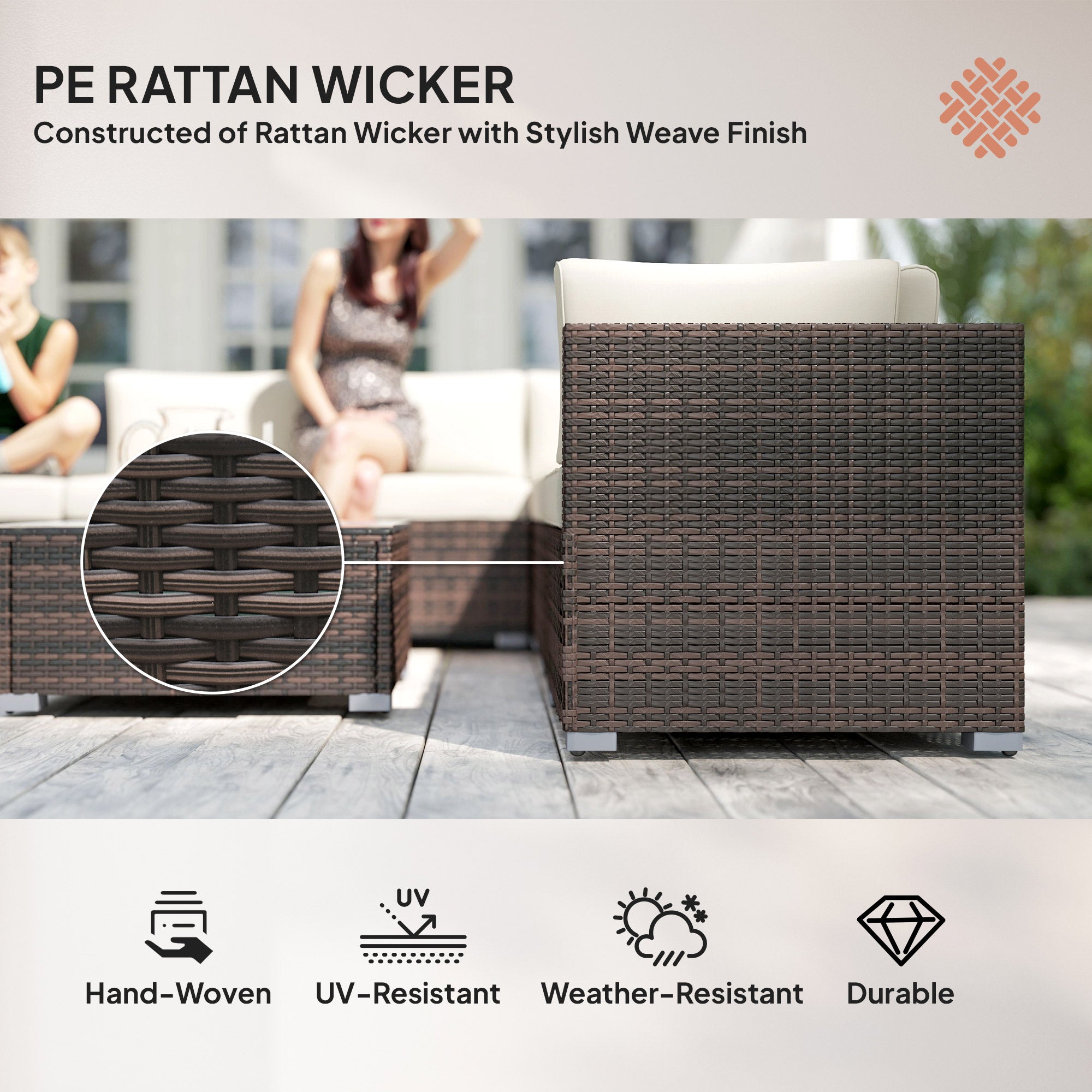 8 Piece Rattan Corner Sofa Set With Wide & Deep Seat, Assembled Aluminium PE Rattan Garden Furniture Set With Thick Cushions And Glass Top Table For Outdoor, Conservatory, Mixed Brown - Noventis Home