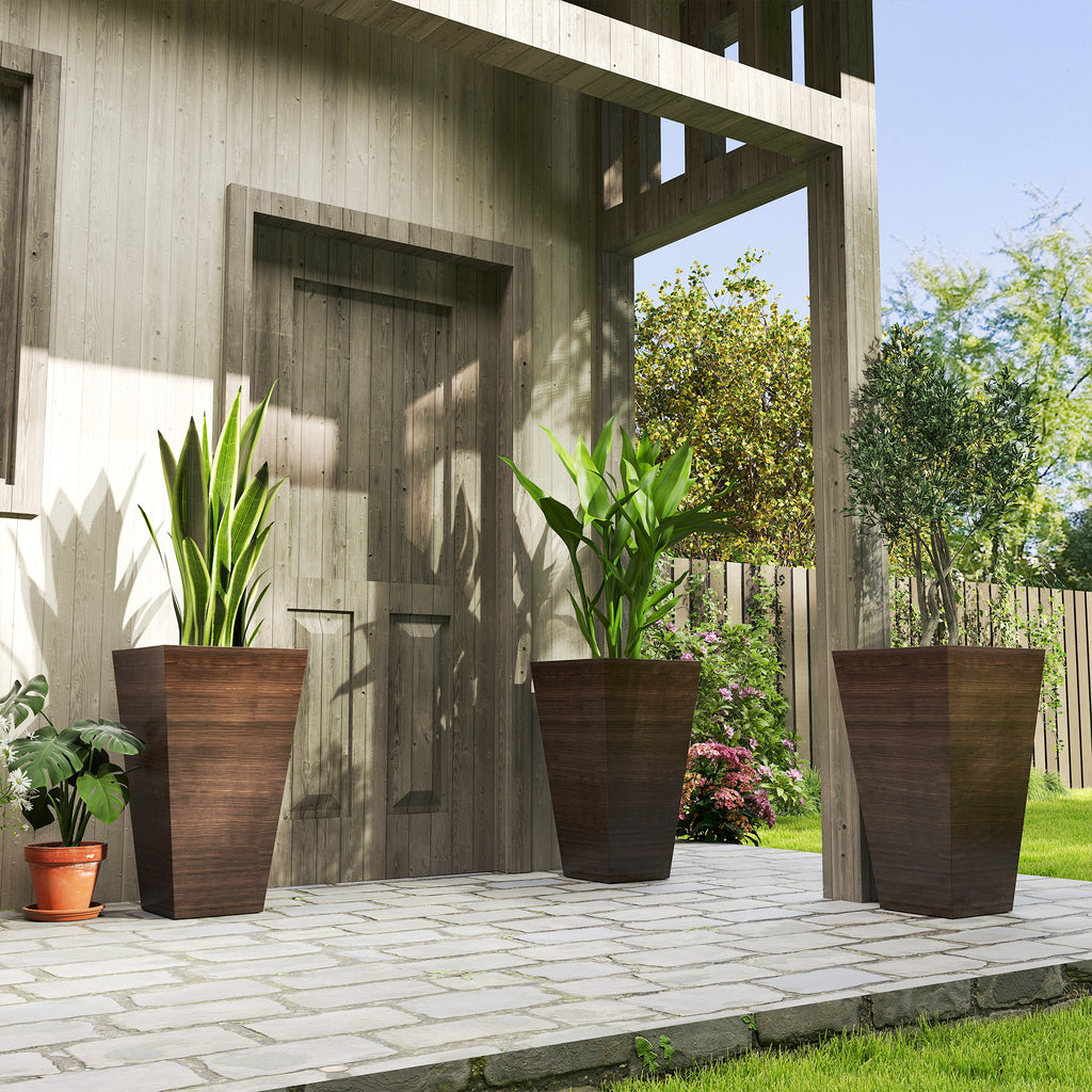 Set Of 3 Tall Planters, 28" Outdoor Planter W/ Drainage Holes, Faux Wood Plastic Flower Pots, Brown - Noventis Home