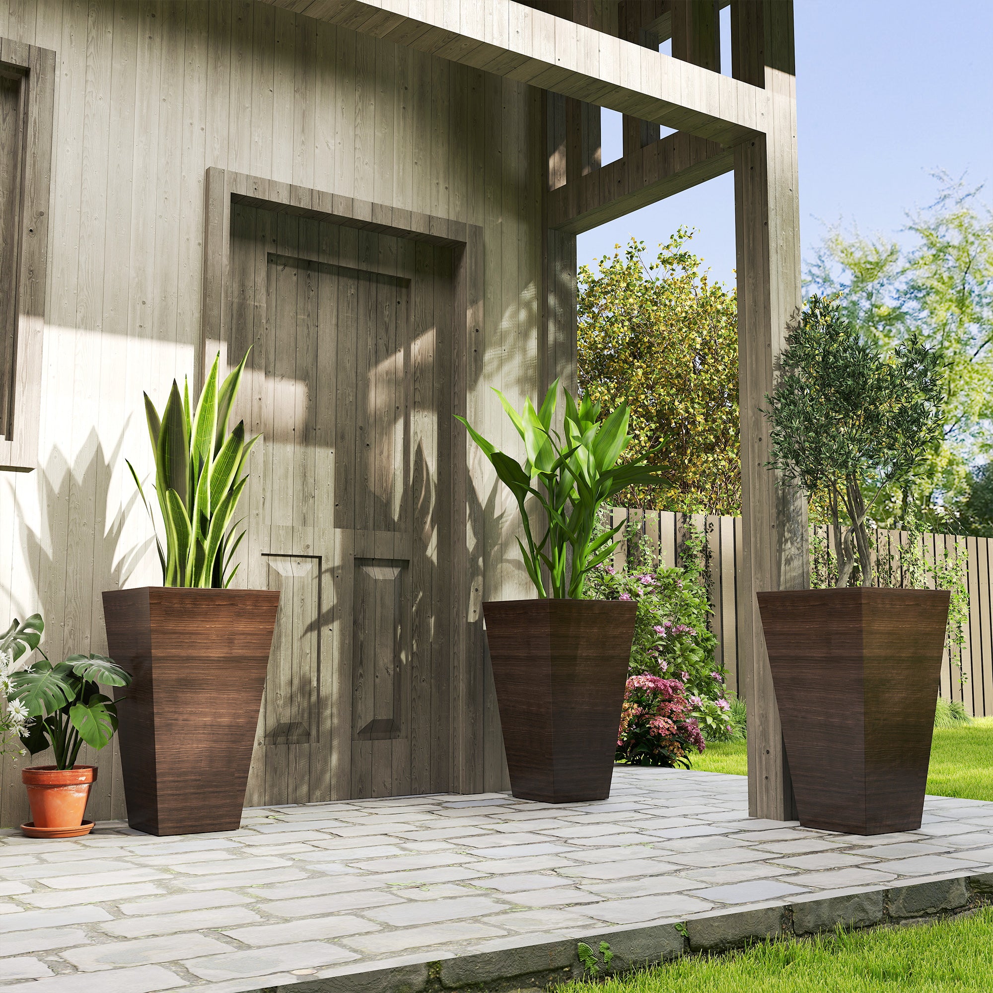 Set Of 3 Tall Planters, 28" Outdoor Planter W/ Drainage Holes, Faux Wood Plastic Flower Pots, Brown - Noventis Home