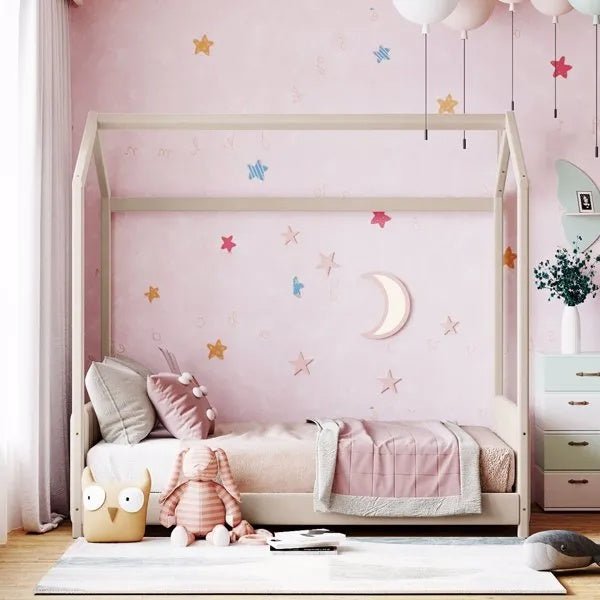 Fluwelen Huisbed Eenpersoons, Houten Bed, Beige - Noventis Home