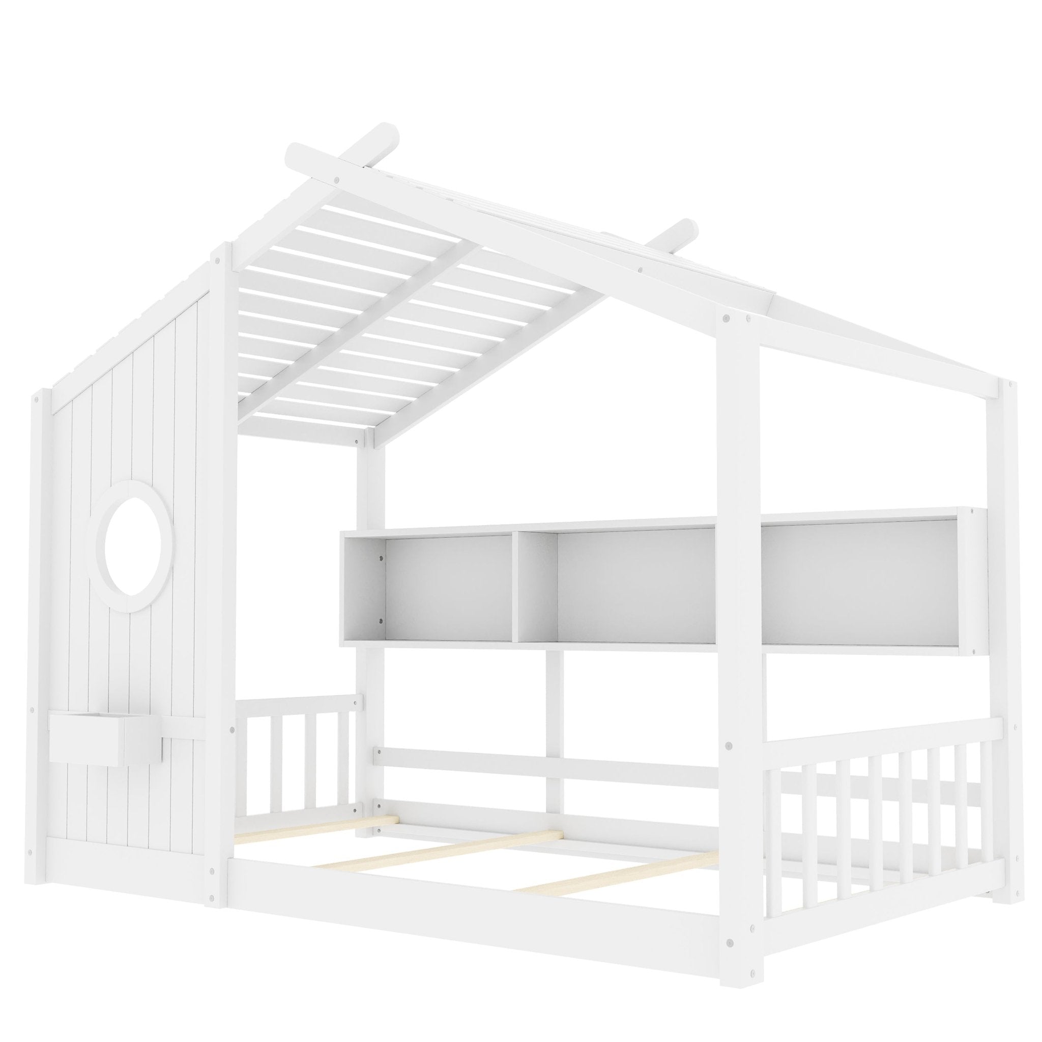 Twin Size Floor House Bed For Toddler, Kids Montessori Bed With Storage Shelf, Playhouse Bed With Roof Design, White - Noventis Home