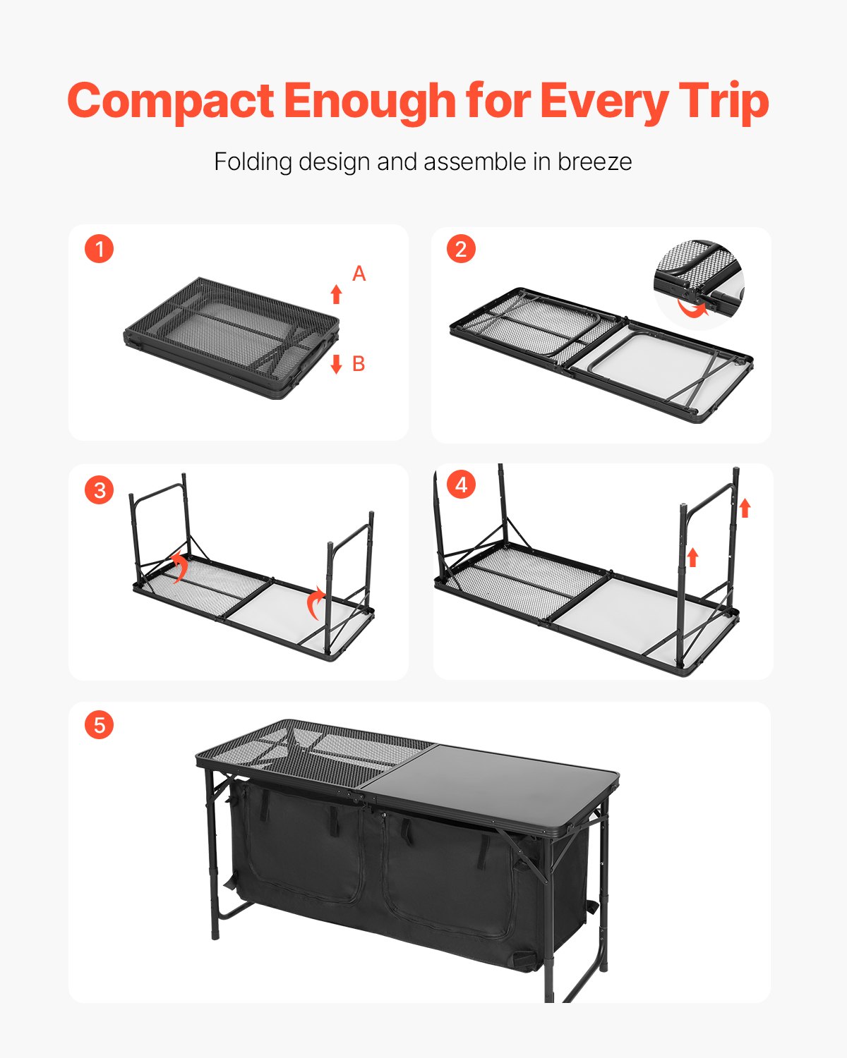Camping Kitchen Table Folding Portable Outdoor Cook Station 3 Adjustable Height - Noventis Home