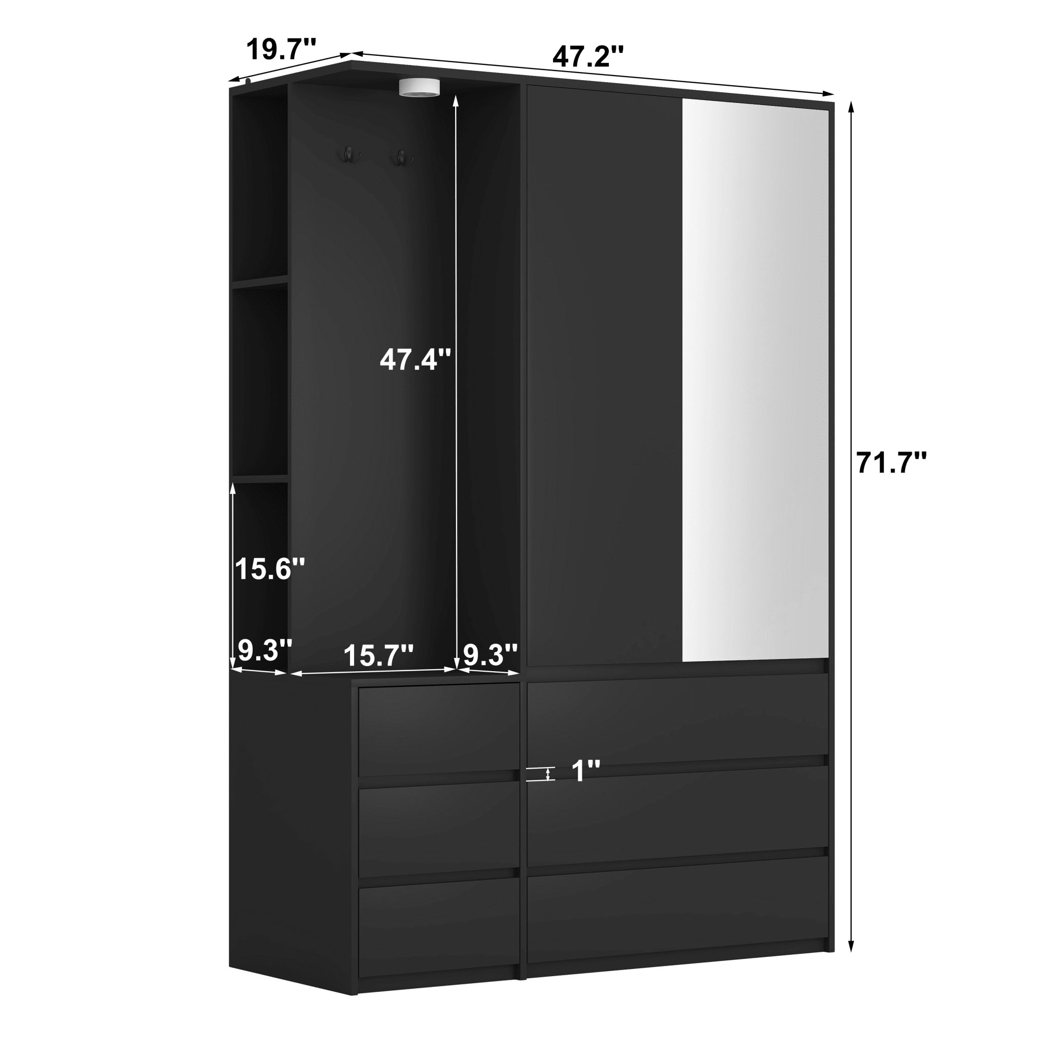 Kledingkast 182cm Hoog, 2 Deuren, 6 Lades, Opbergplanken en Kledingstang, Zwart - Noventis Home