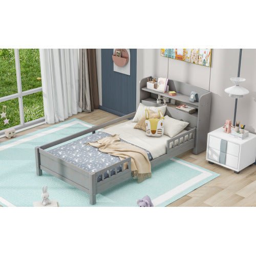 Wood Twin Size Platform Bed With Built - in LED Light, Storage Headboard And Guardrail, Antique Grey - Noventis Home