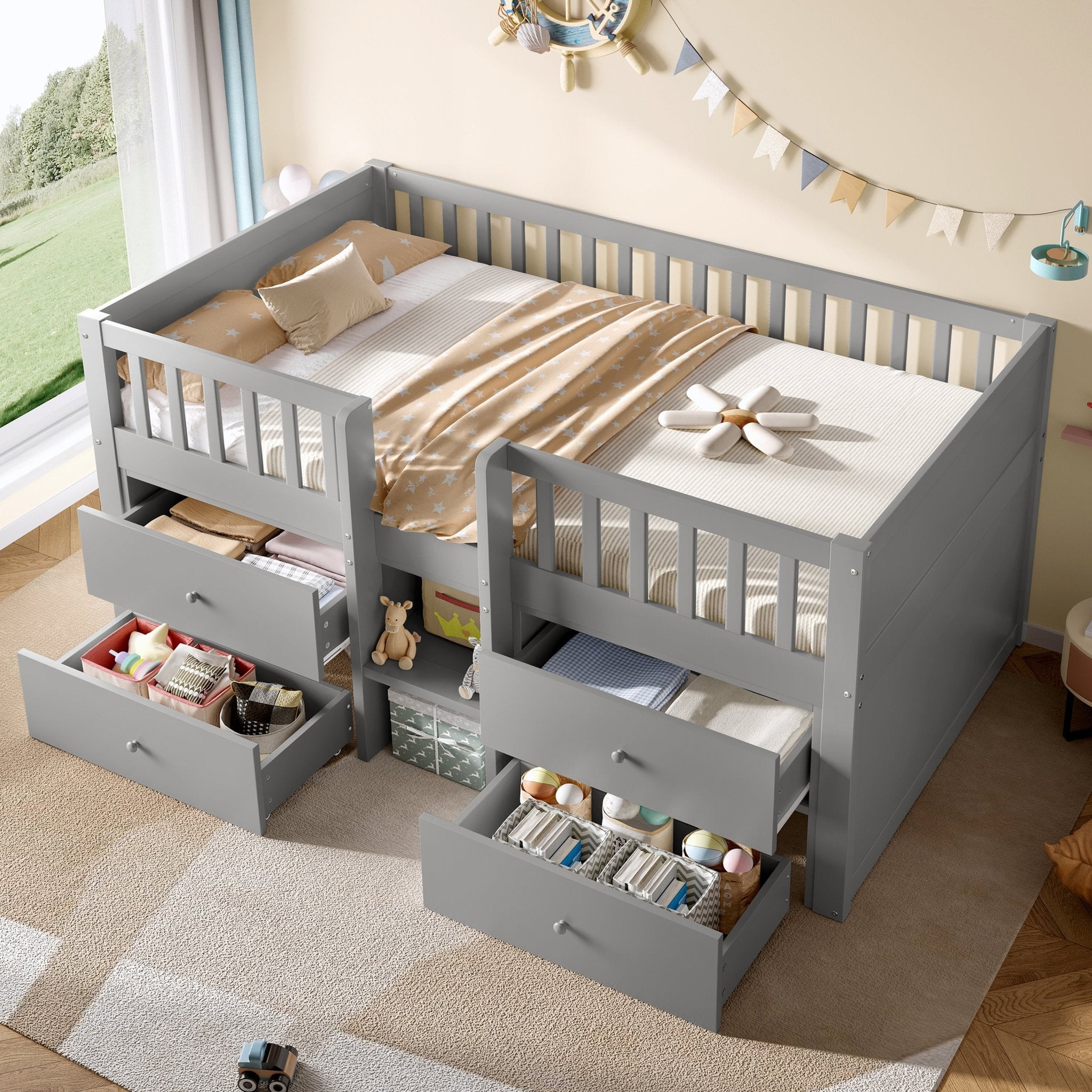 Laag Halfhoogslaper met Opbergruimte, Massief Houten Bedframe met 4 Lades en Veiligheidsreling, 90x190cm, Grijs, Zonder Matras - Noventis Home
