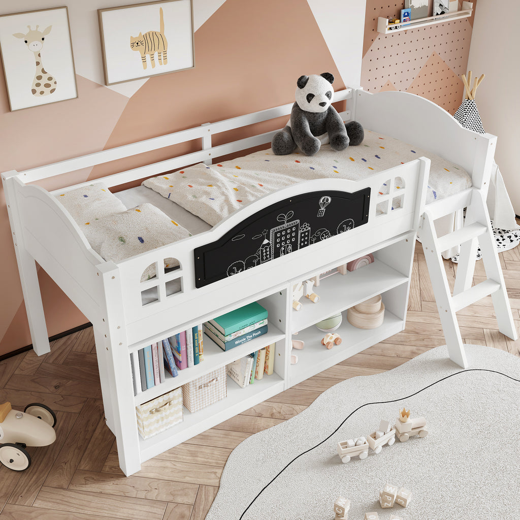 Houten Kinderbed met Krijtbord, Opbergkast en Twee - traps Trap, Eenpersoons 90x190 cm, Wit - Noventis Home