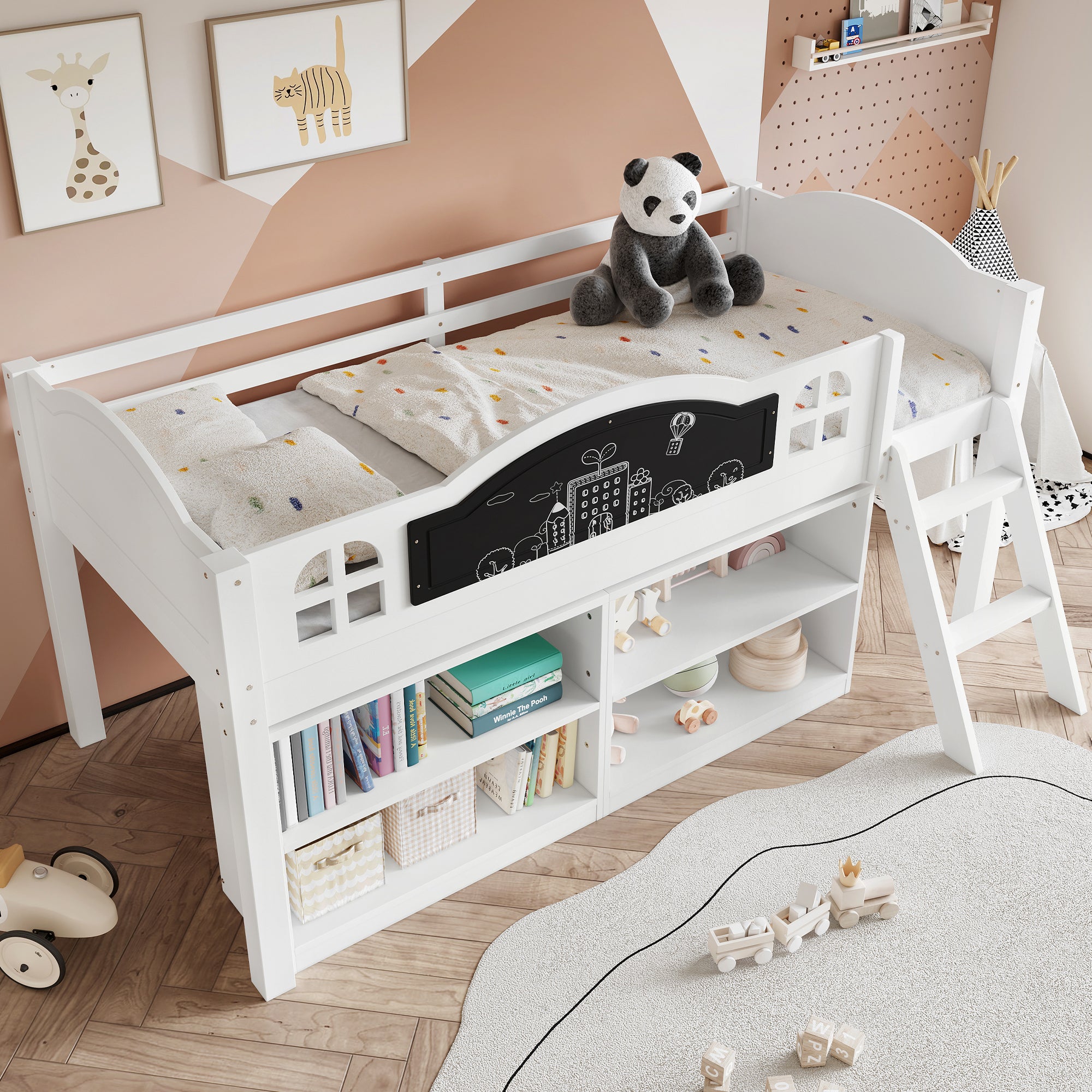 Houten Kinderbed met Krijtbord, Opbergkast en Twee - traps Trap, Eenpersoons 90x190 cm, Wit - Noventis Home