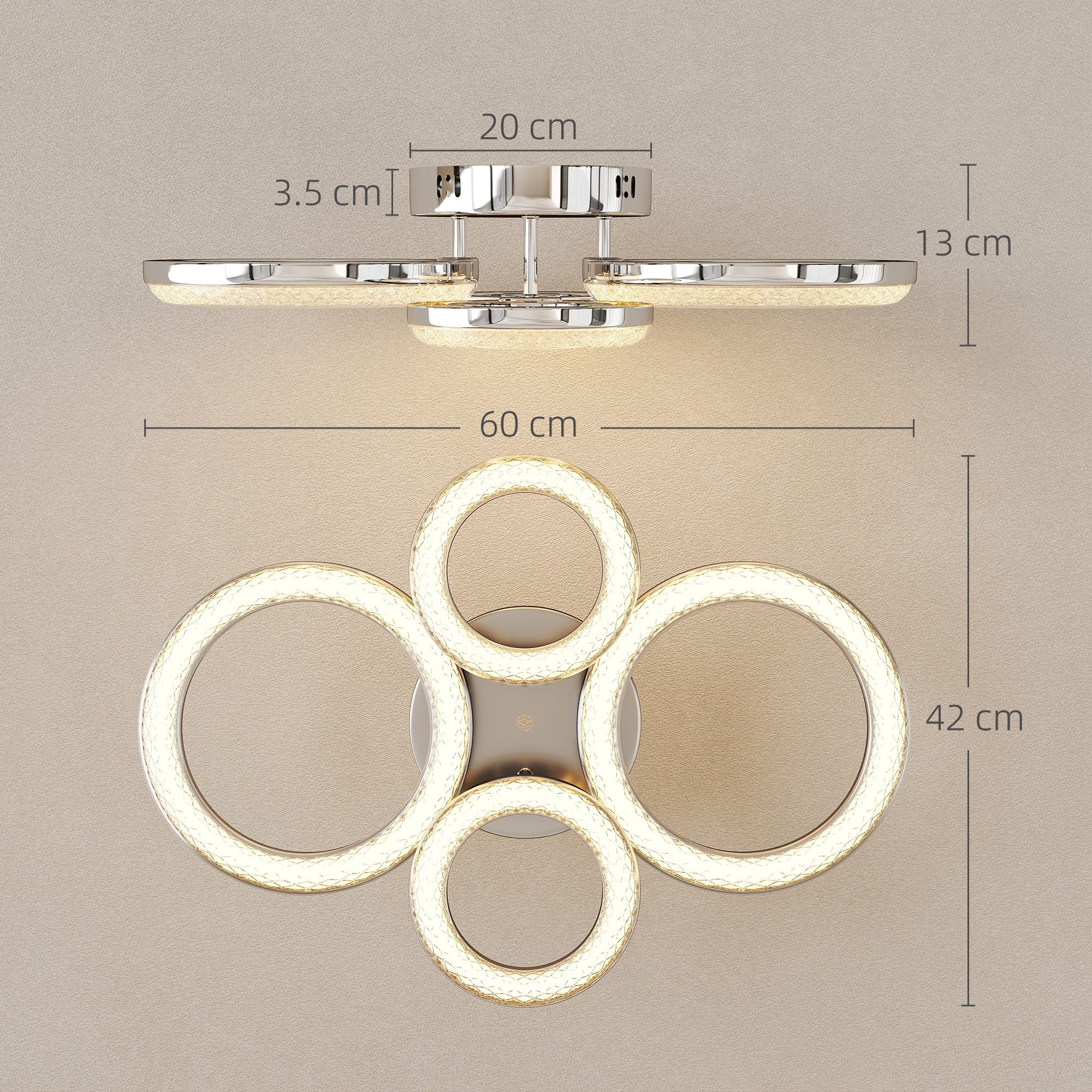 LED Ceiling Light, Modern 4 Rings Ceiling Lamp With Wall Switch Control, 40W 4350lm Flush Mount Ceiling Light With 3500K/4500K/6000K Colour Temperatures For Living Room, Bedroom, Silver Tone - Noventis Home