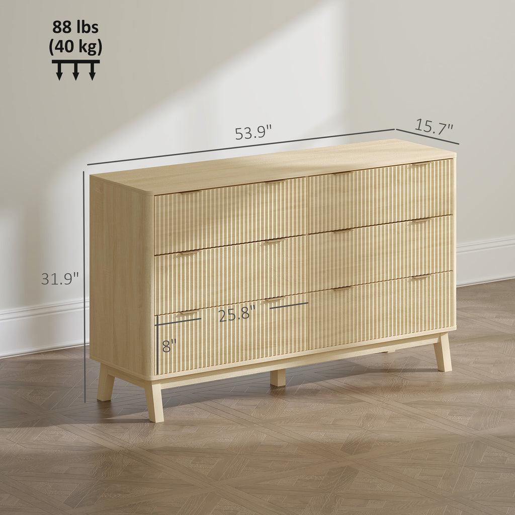 Ladekast met 6 Lades, Geribbeld Design met Gouden Handgrepen en 5 Houten Poten, Naturel Hout