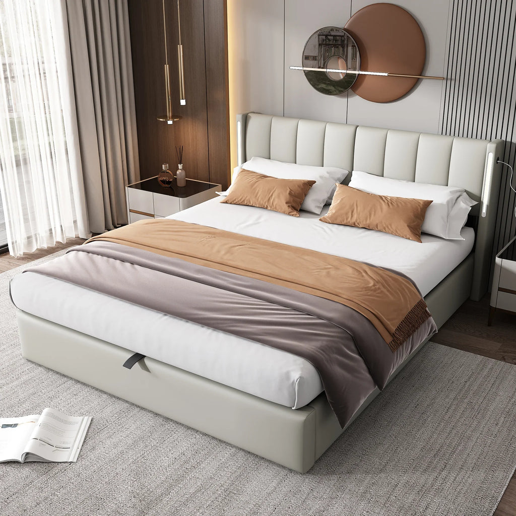 LED Gestoffeerd Bed, Kingsize 150x200 cm, Hydraulisch Bed met USB - oplaadpoort, LED - verlichting, Opbergruimte en Verstelbaar Hoofdeinde, PU, Grijs - Noventis Home