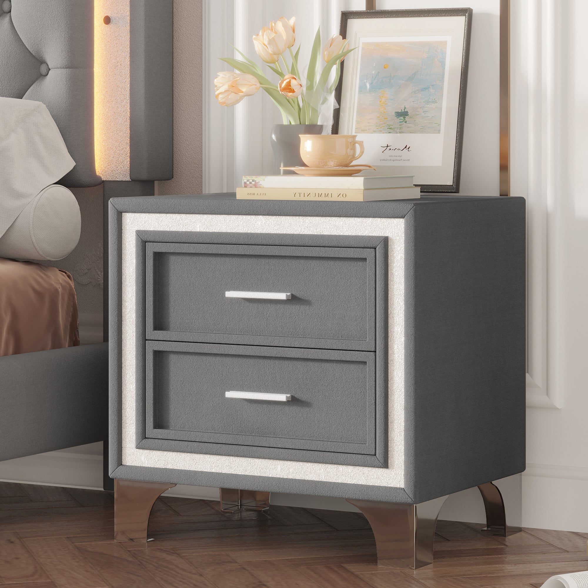 Mid Century Vintage Nightstand With Silver Glitter Strip Decor And Metal Legs, Velvet Bedside Table With 2 Drawers, Fully Assembled Except Legs And Handles, Gray - Noventis Home