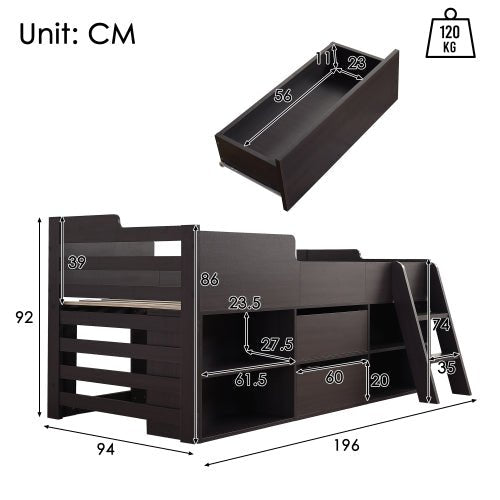 Kinderbed Halfhoogslaper met Opbergruimte, Houten Bed met Lades en Planken, Eenpersoons 90x190 cm, Wit - Alleen Frame - Noventis Home