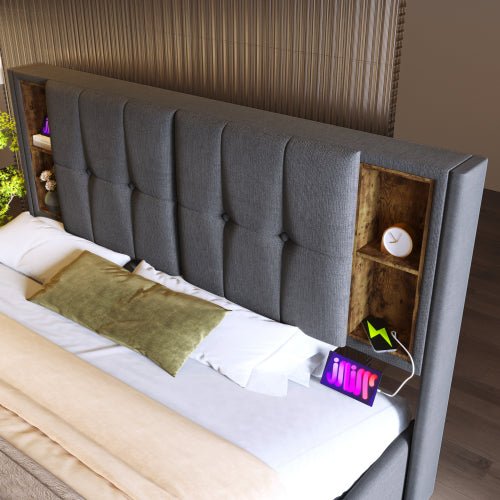 Upholstered Double Bed 150 X 200cm With Wireless Charging USB Tyep - C, Hydraulic Storage Bed With Hydraulic Lever, Linen Fabric 5FT King Size Bed Frame With Large Storage Space,Grey No Mattress - Noventis Home