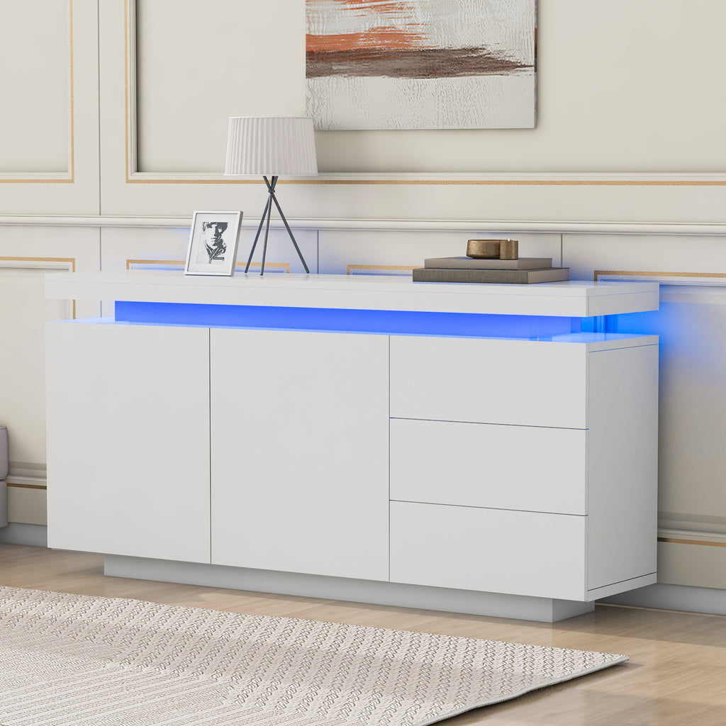 Sideboard With LED Lights, Side Cabinet Standing Cabinet Chest Of Drawers Highboard Sideboard With 2 Doors & 3 Drawers, High Gloss Sideboard For Living Room Dining Room, White - Noventis Home