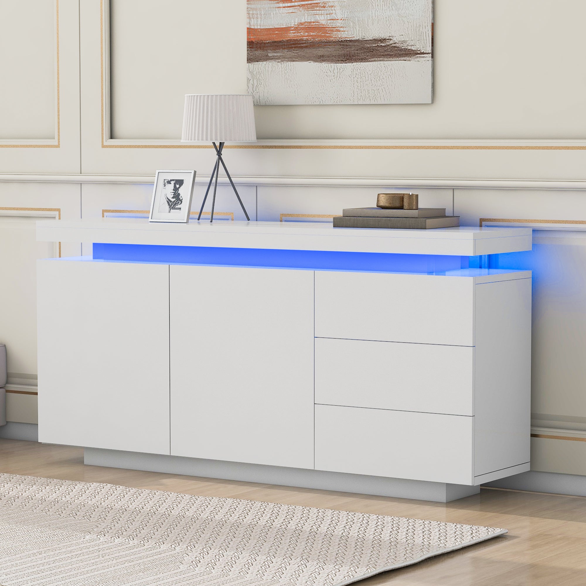Sideboard With LED Lights, Side Cabinet Standing Cabinet Chest Of Drawers Highboard Sideboard With 2 Doors & 3 Drawers, High Gloss Sideboard For Living Room Dining Room, White - Noventis Home