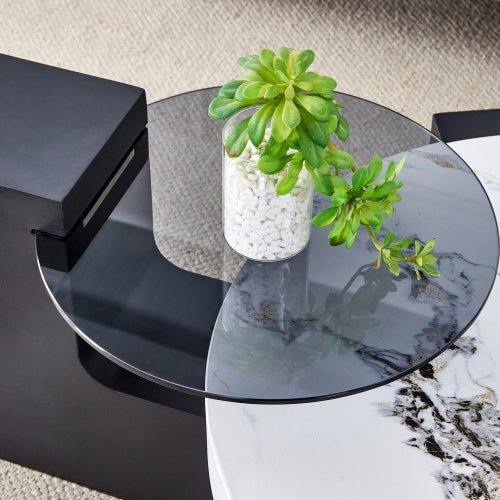 Modern Simple Double - Layer Round Coffee Table - Transparent Gray Glass Top With Black MDF L - Shaped Legs.The Detachable Design Can Make The Use Of Space More Flexible - Noventis Home