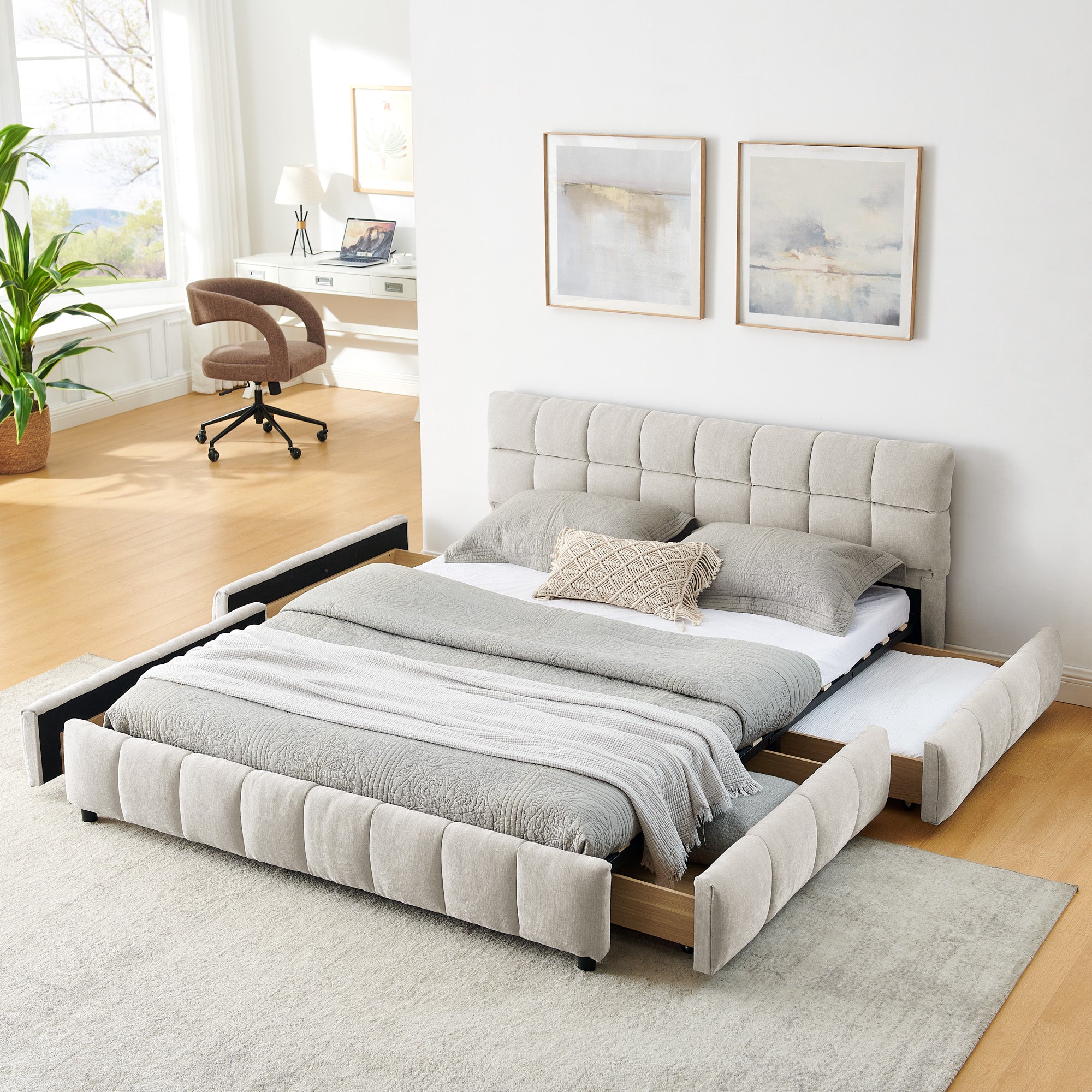 Gestoffeerd Queensize Bed, Comfortabel Bedframe van Chenille Stof met Hoofdeinde en Lade voor Opbergruimte, Beige - Noventis Home