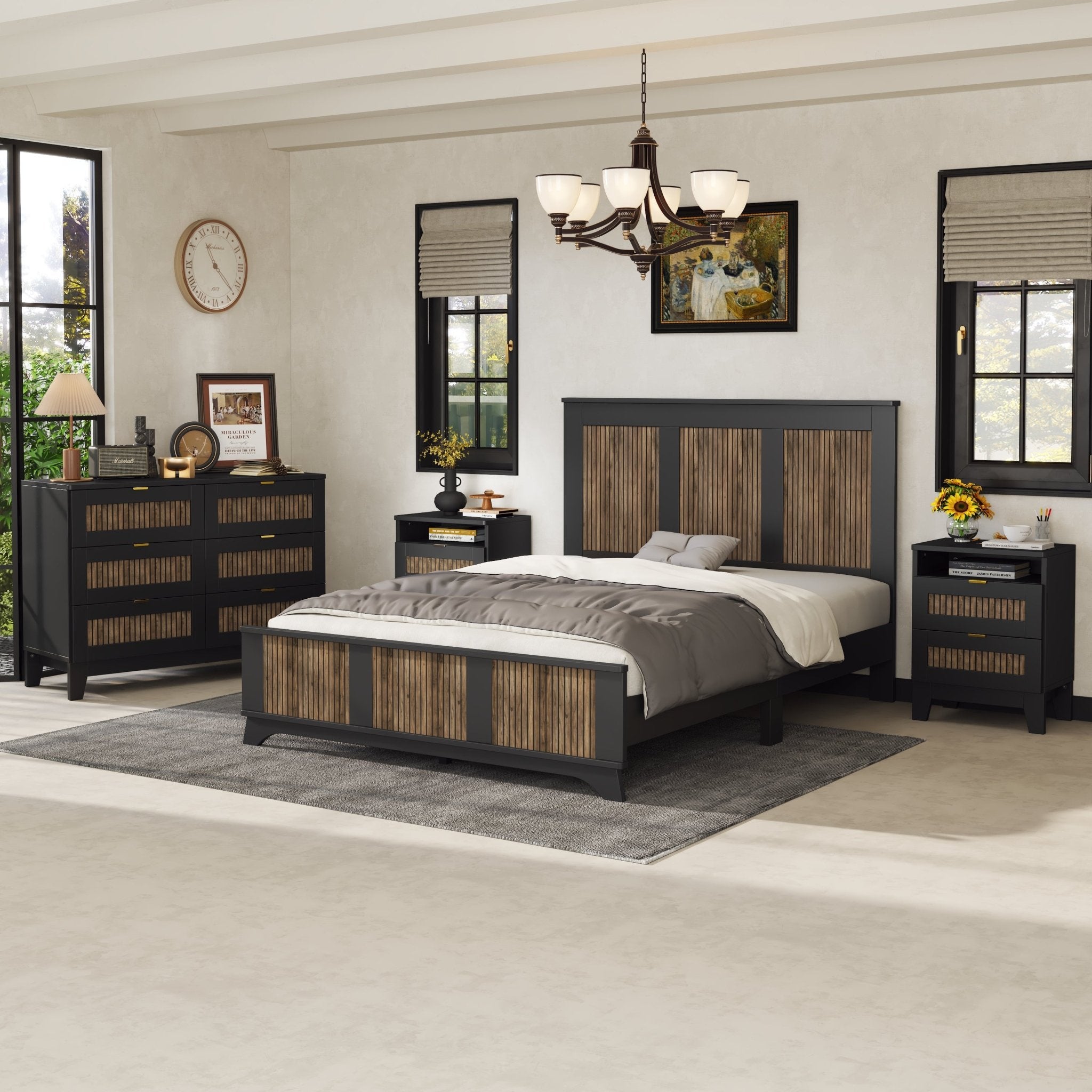 4 - delige Slaapkamerset, Queensize Platform Bed met Houten Decoratie, 2 Nachtkastjes en Ladekast met Metalen Handgrepen, Zwart - Noventis Home