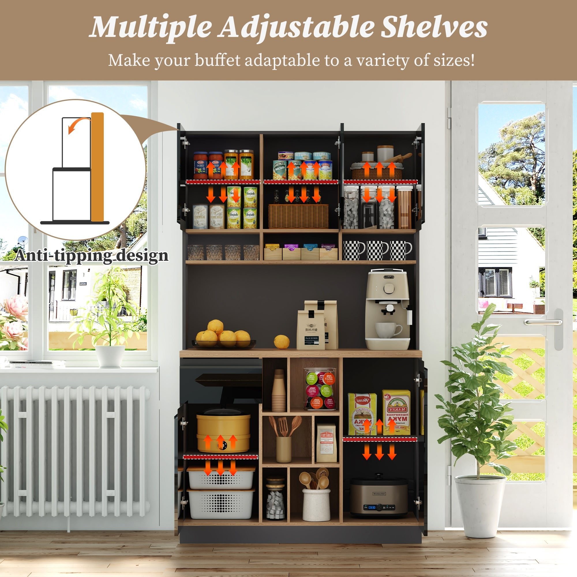 105x45x185 cm Keukenkast Buffetkast, Hoogglans Deuren, Verstelbare Planken, Lades, Open Opbergruimte, Kantelbescherming, Geschikt voor Keuken, Eetkamer en Woonkamer - Noventis Home