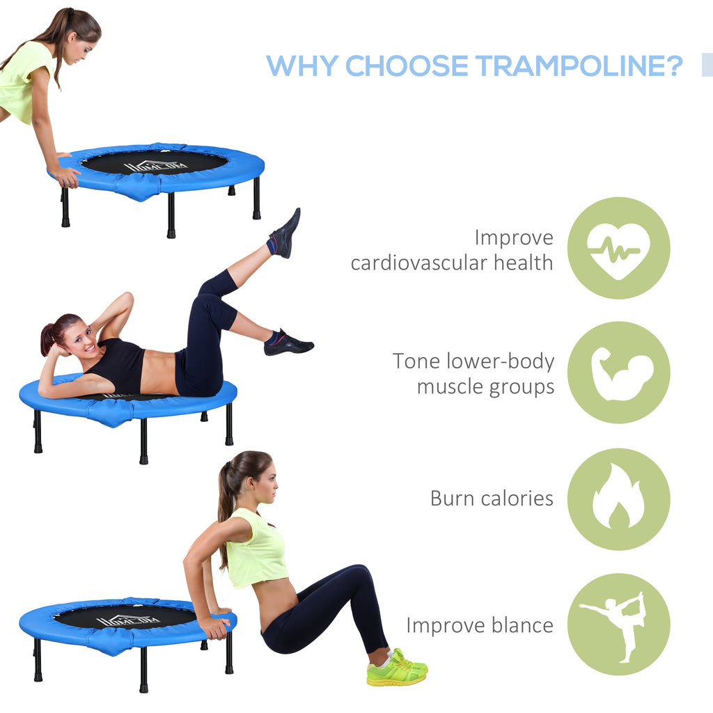 38" Mini Fitness Trampoline Home Gym Yoga Exercise Rebounder Indoor Outdoor Jumper With Safety Pad, Support Up To 150 KG, Blue And Black - Noventis Home
