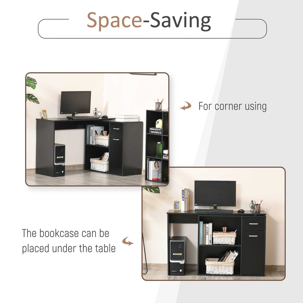 L Shaped Computer Desk, 180° Rotating Corner Desk With Storage Shelves, Drawer And Cabinet, Study Workstation For Home Office, Black - Noventis Home