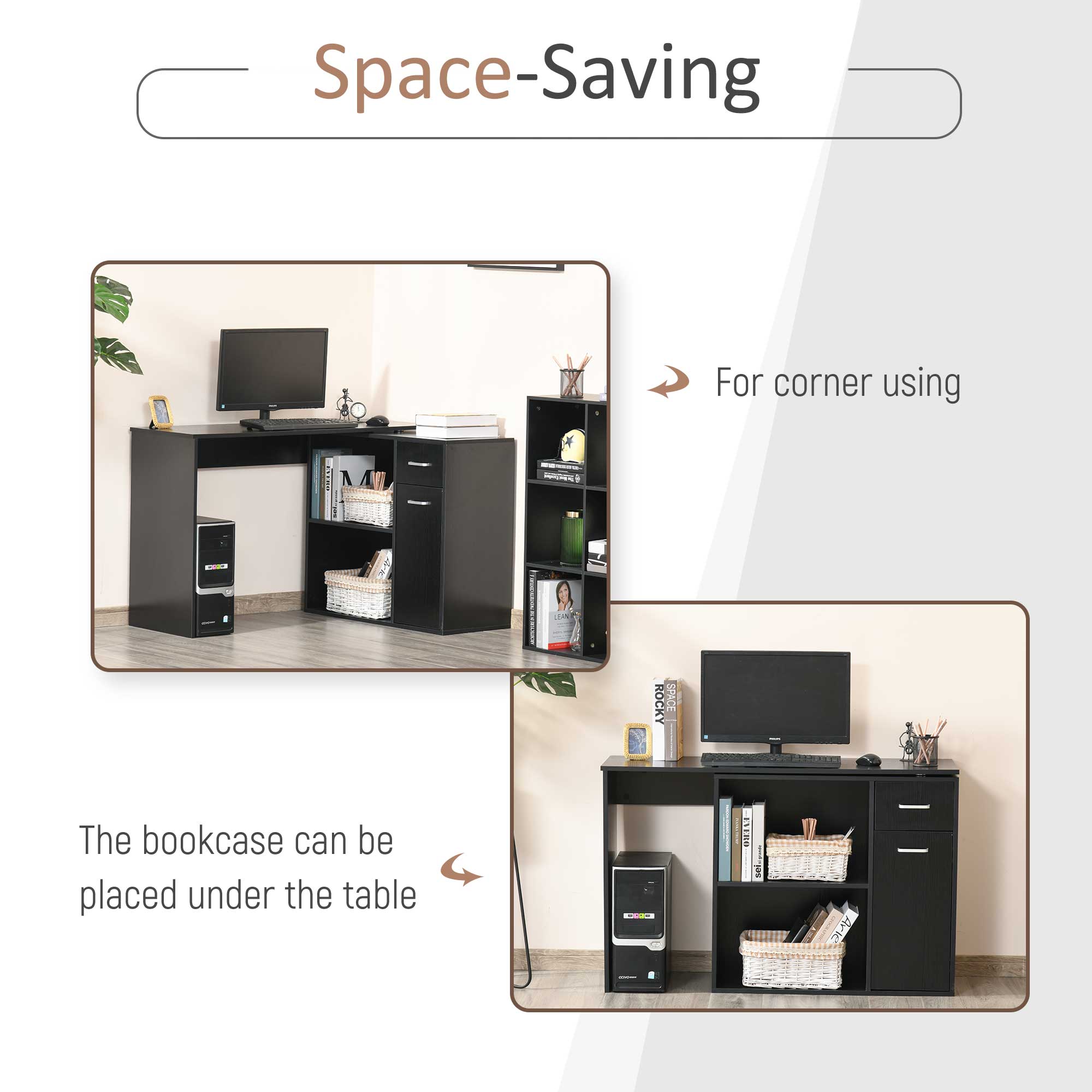 L Shaped Computer Desk, 180° Rotating Corner Desk With Storage Shelves, Drawer And Cabinet, Study Workstation For Home Office, Black - Noventis Home