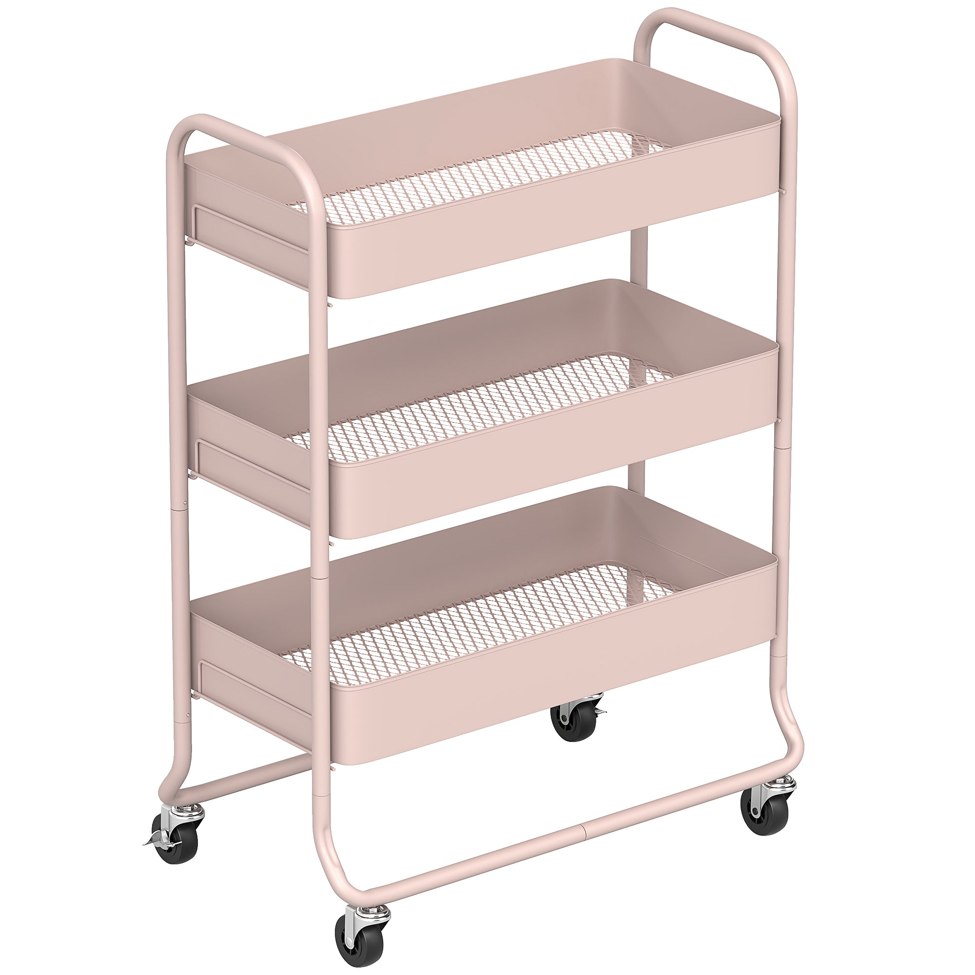 3 - Tier Storage Trolley On Wheels, Rolling Utility Cart With Mesh Backets For Kitchen, Bathroom, Bedroom, Light Pink - Noventis Home