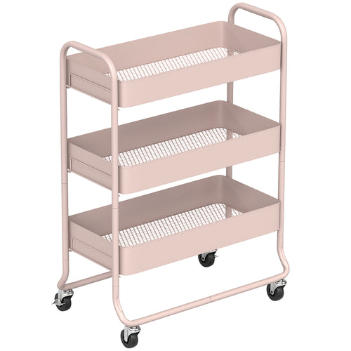 3 - Tier Storage Trolley On Wheels, Rolling Utility Cart With Mesh Backets For Kitchen, Bathroom, Bedroom, Light Pink - Noventis Home