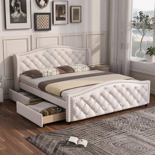 Gestoffeerd Bed 135 x 190 cm - Bed met Lattenbodem, 2 Lades en Hoofdeinde met Siernagels - Hout & Kunstleer - Wit - Jeugdbed / Logeerbed - Noventis Home